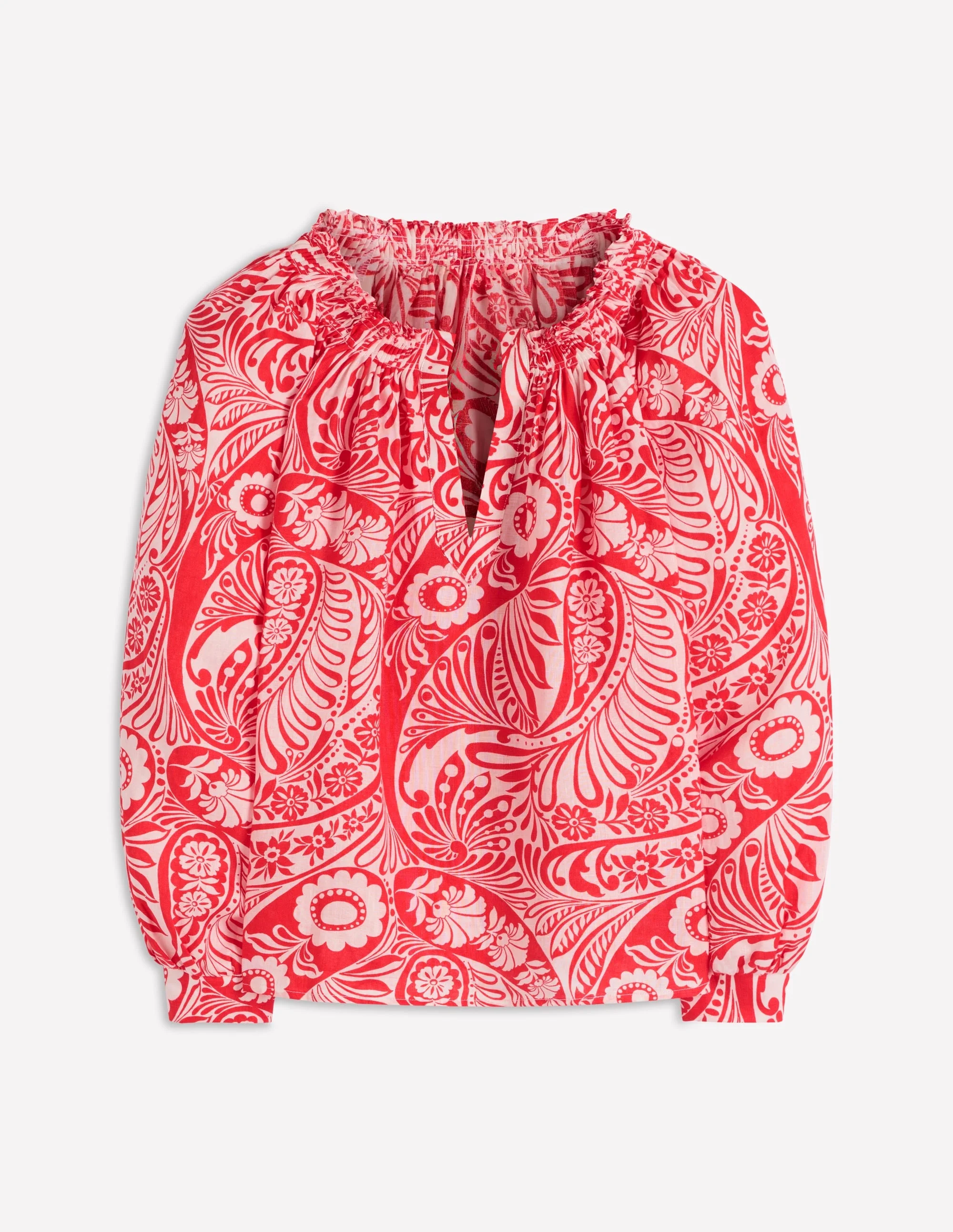 Serena Pleat Neck Linen Top-Red, Enchanted Paisley Mono - 1