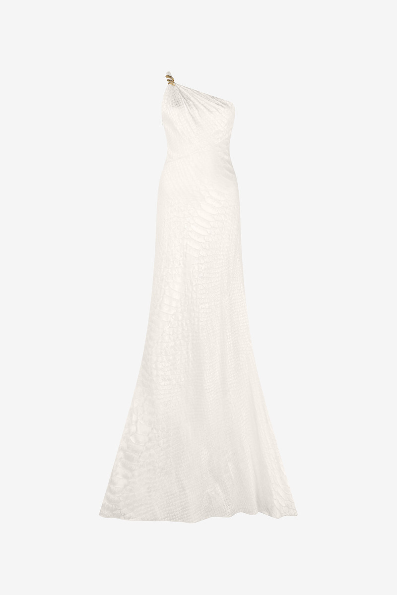 White One-Shoulder Dress with Scale Print 1