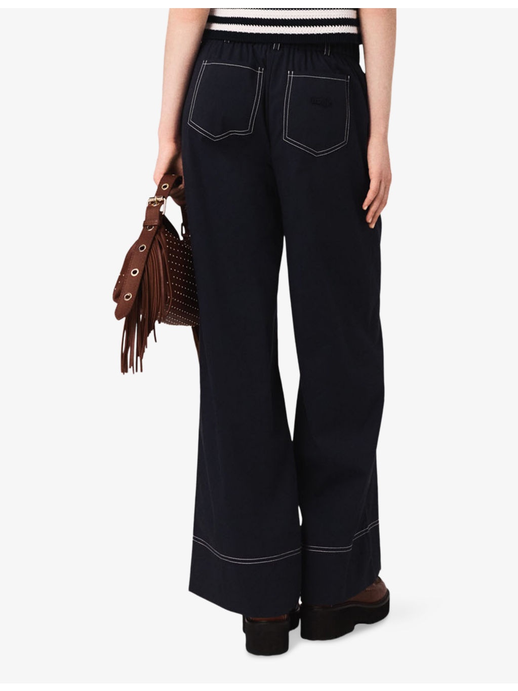 Belted-Waist Contrast-Stitch Stretch-Cotton Trousers - 5