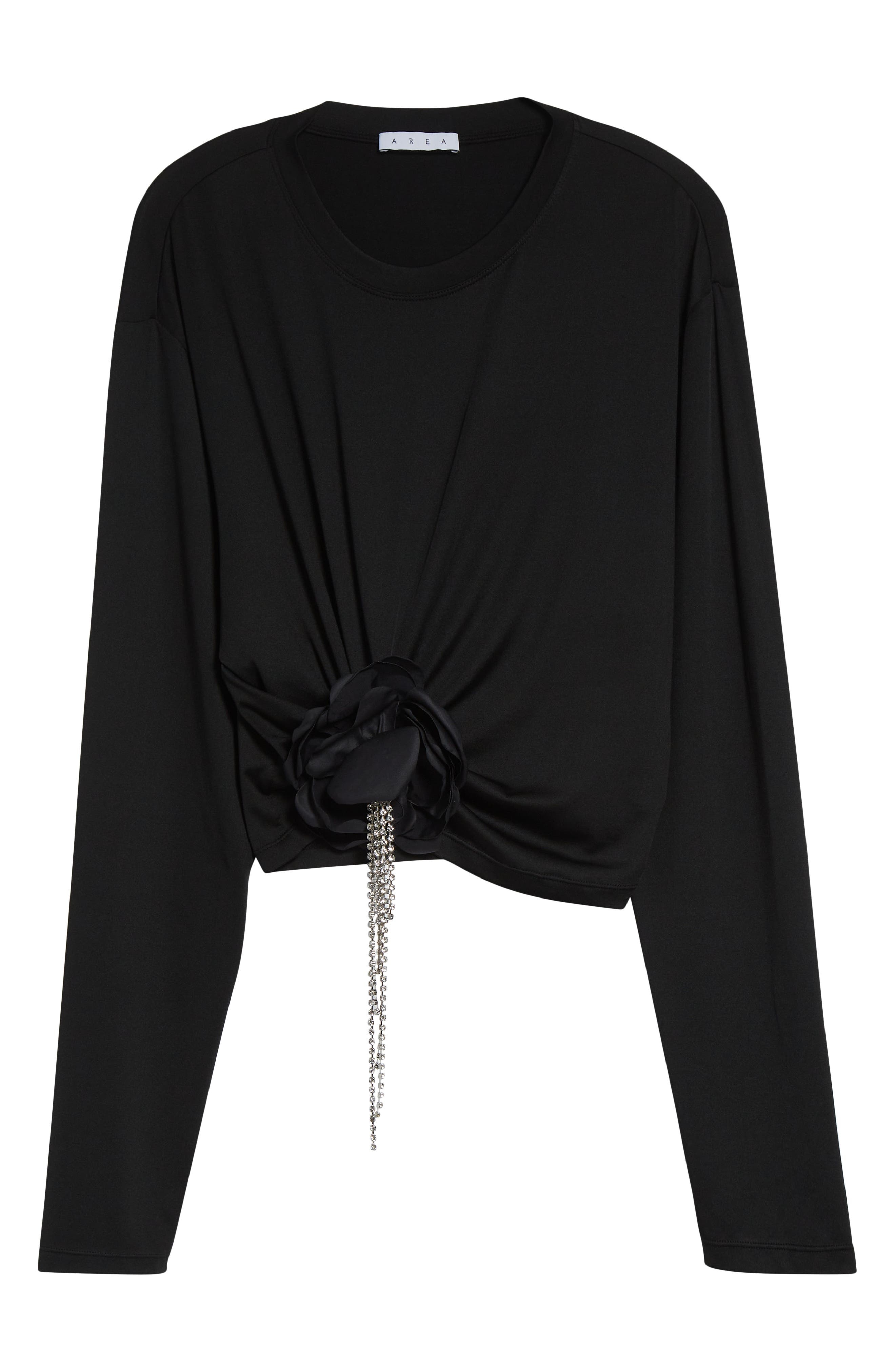Area Crystal Flower Draped Long Sleeve Crop Top in Black at Nordstrom - 6