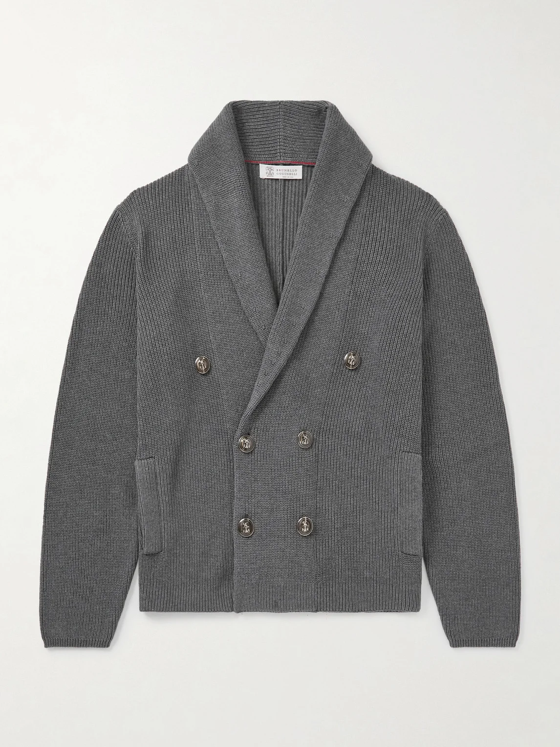 Shawl-Collar Double-Breasted Ribbed Cotton Cardigan - 1