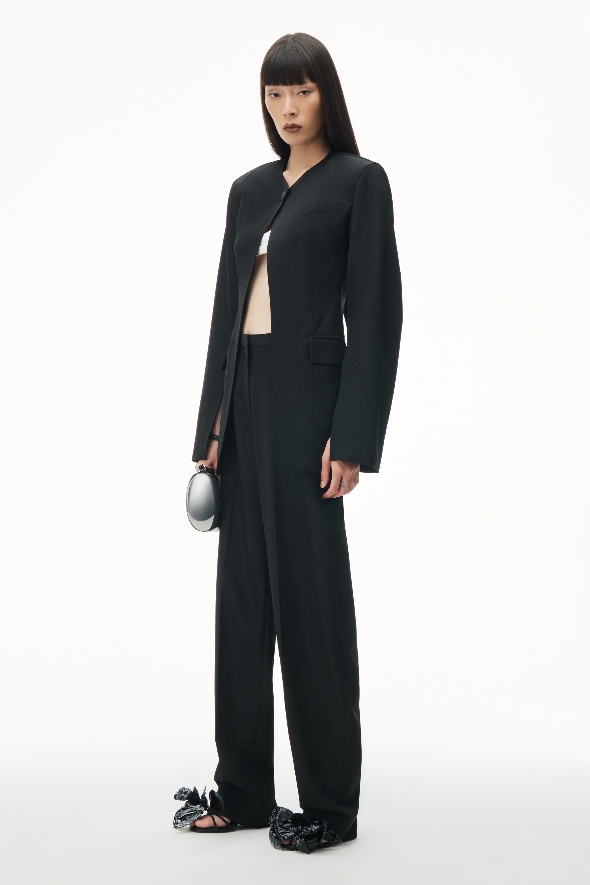 Collarless Tailored Jacket With Slits - 2