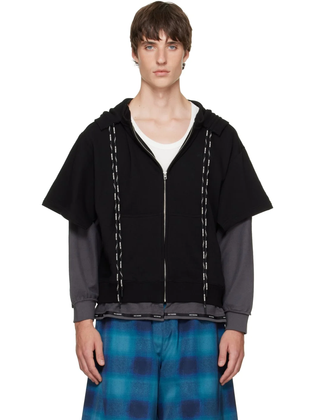 Black & Gray Layered Double String Zip-Up Hoodie - 1