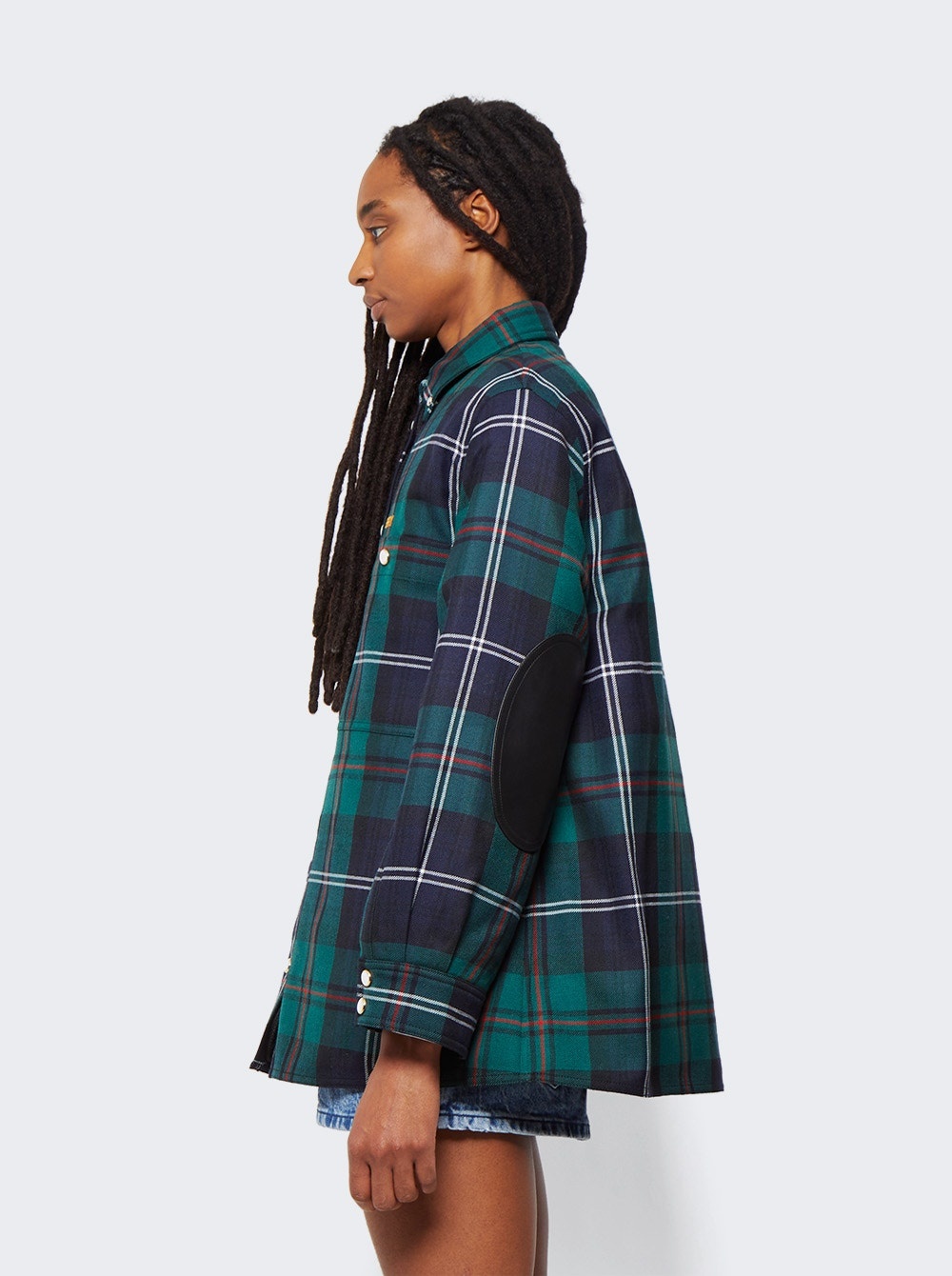 Embroidered Logo Check Wool Overshirt Dark Viridian Green - 4