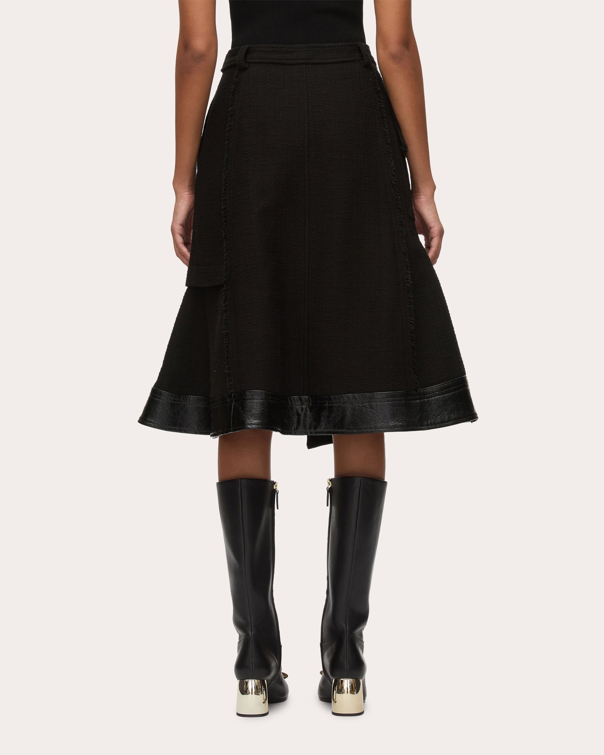 Belted Faux Leather-Trim Tweed Skirt - 2
