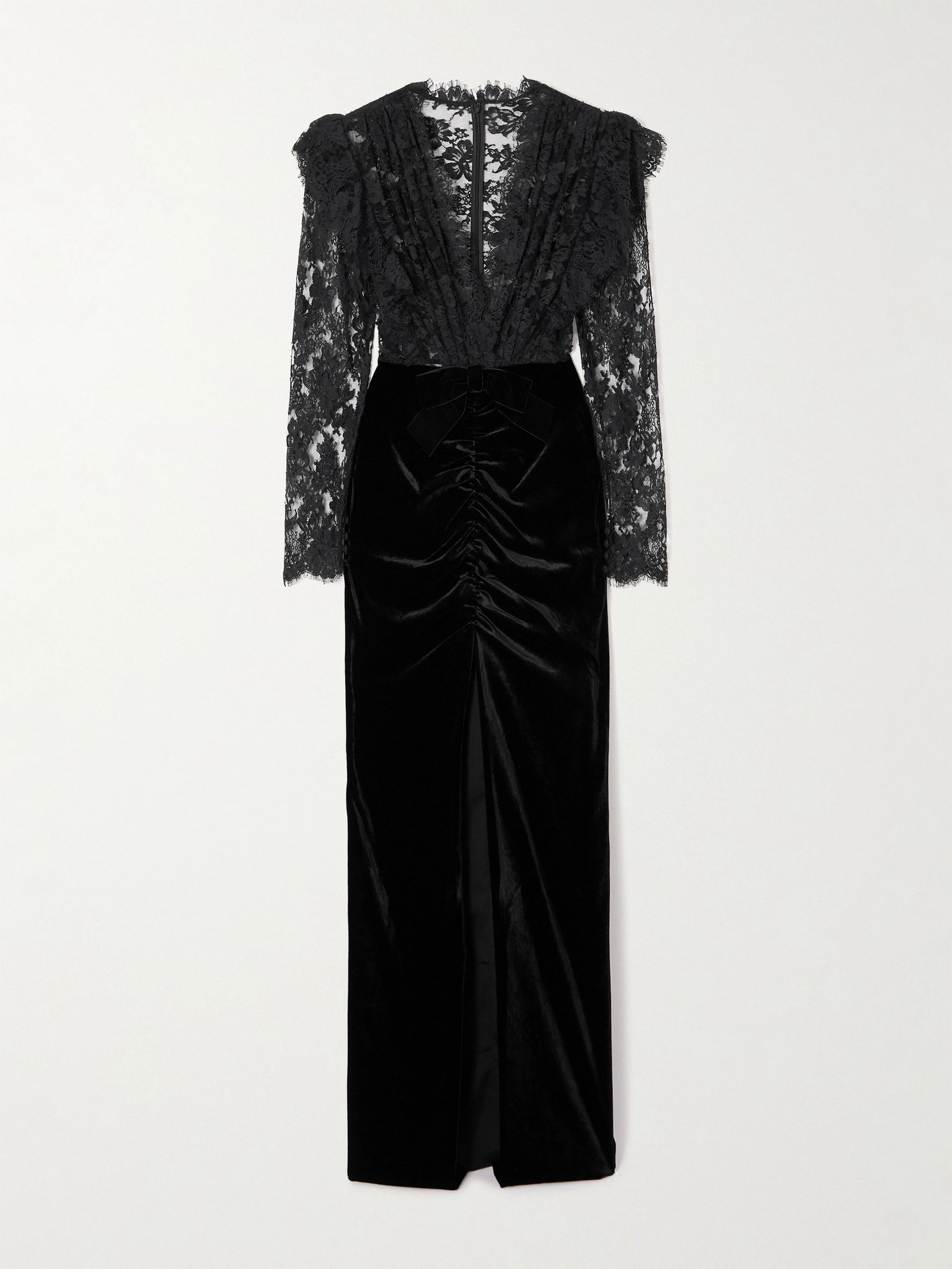 Bow-detailed velvet and lace gown Black - 1