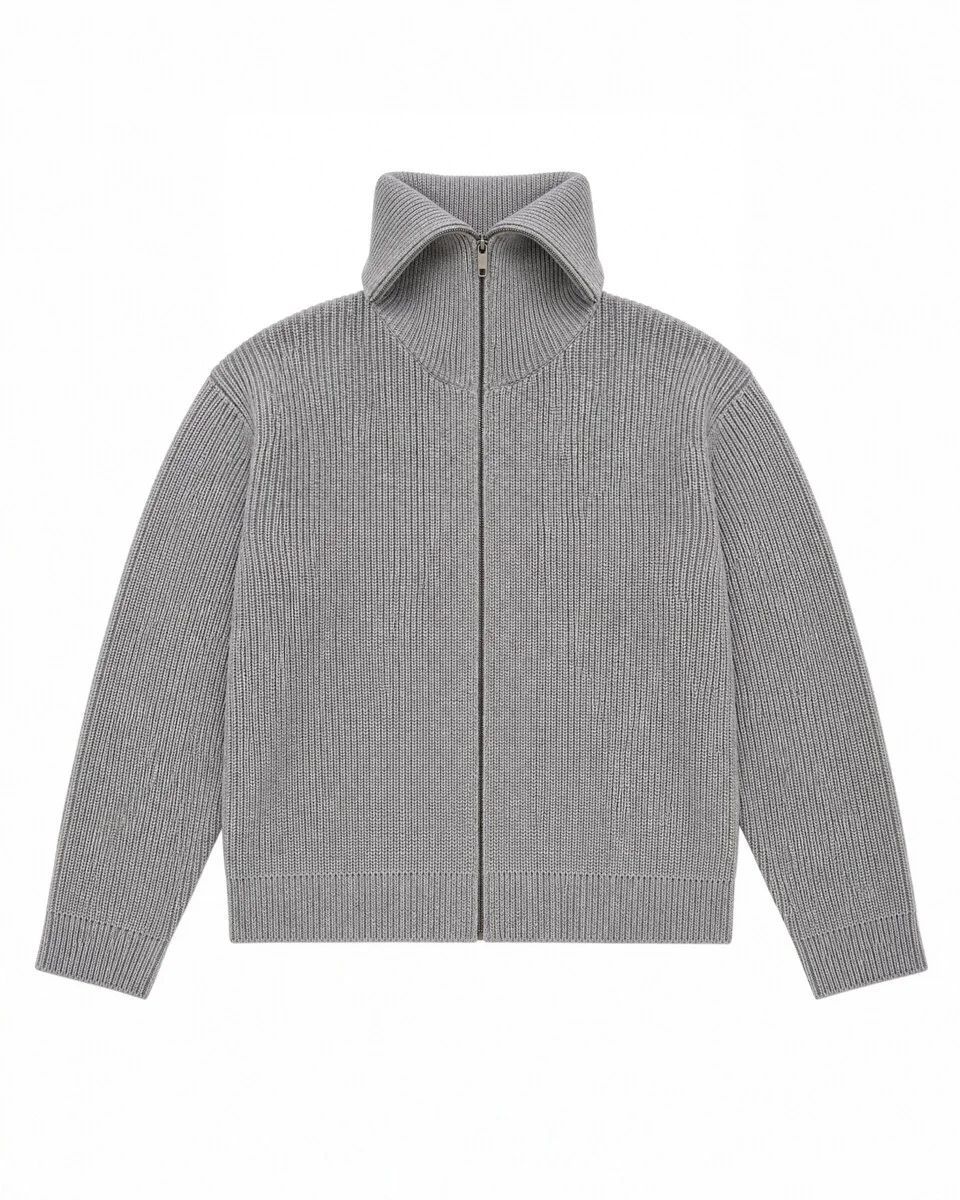 GRAY MERINO WOOL ZIP-UP CARDIGAN - 1