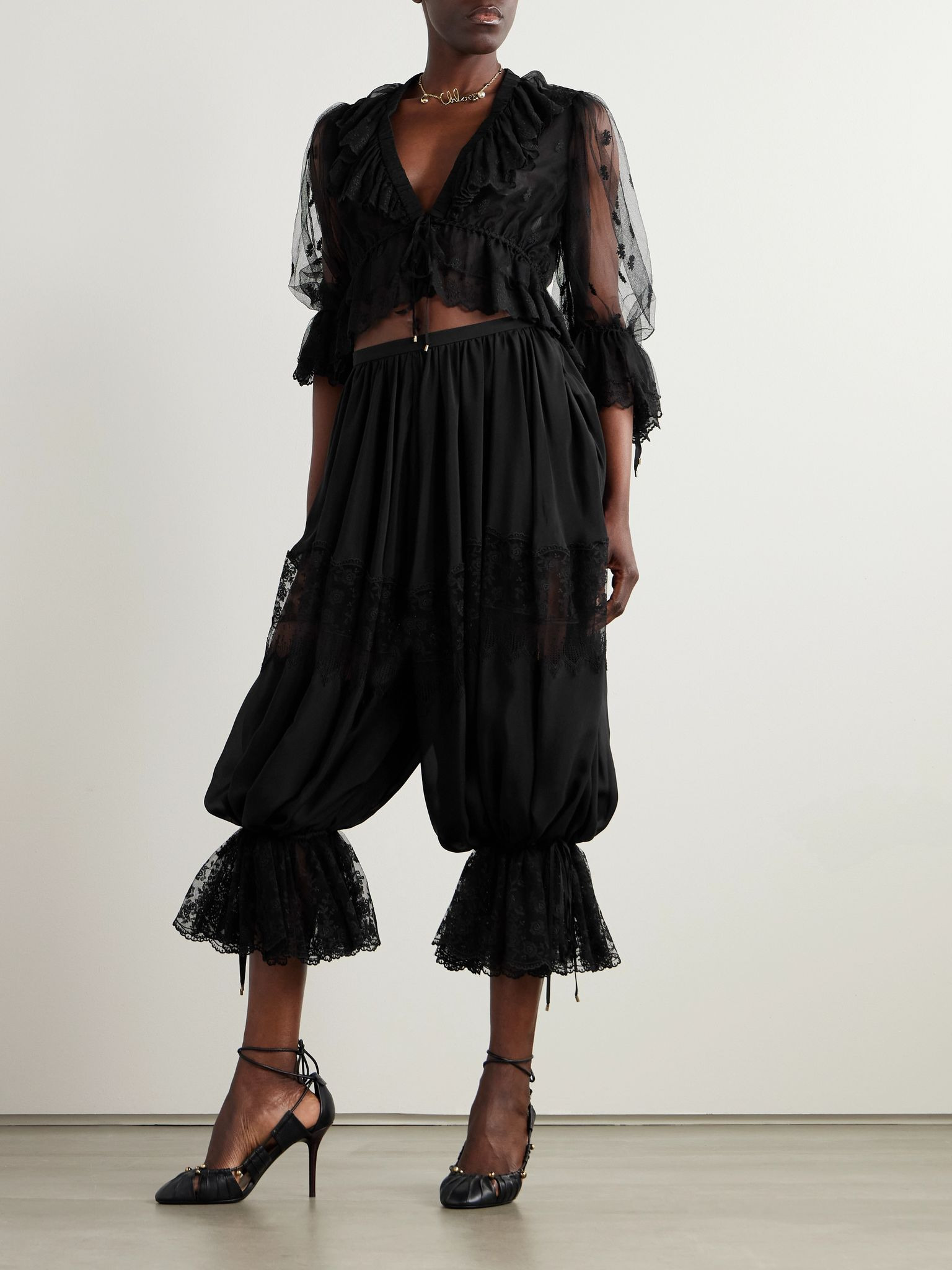 Cropped ruffled embroidered mesh blouse Black - 2
