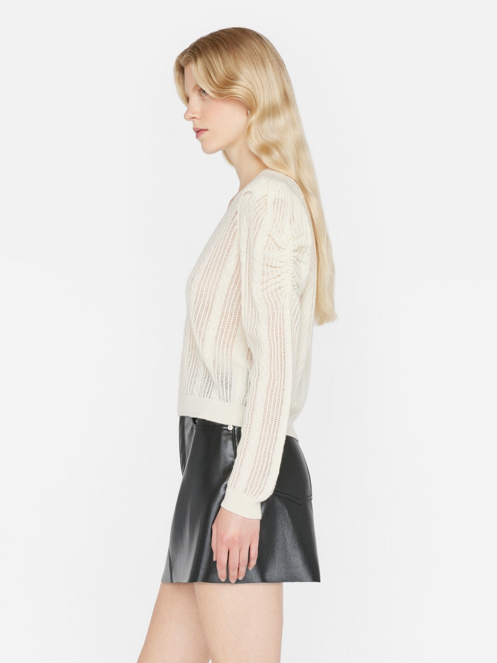 Pointelle Cashmere Ruched Sweater in Off White - 7