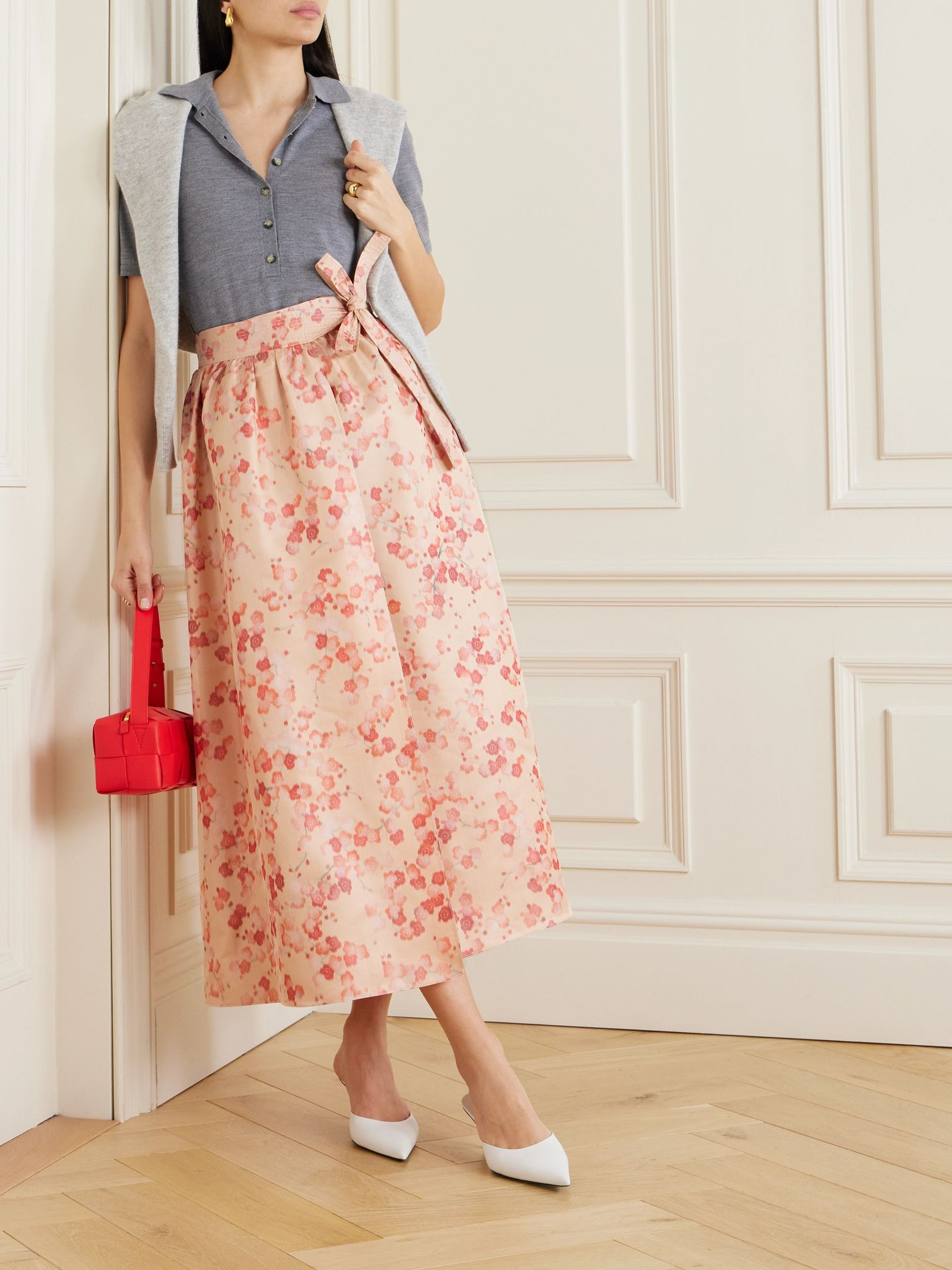 Leah gathered silk-jacquard midi wrap skirt Pink - 2