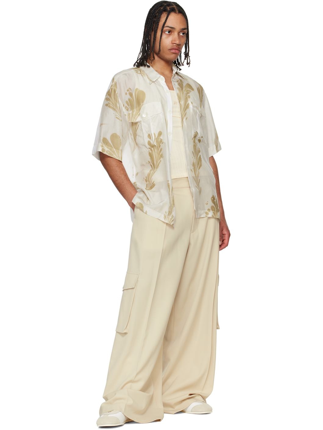 Beige & Off-White Hand Printed Silk Shirt - 4