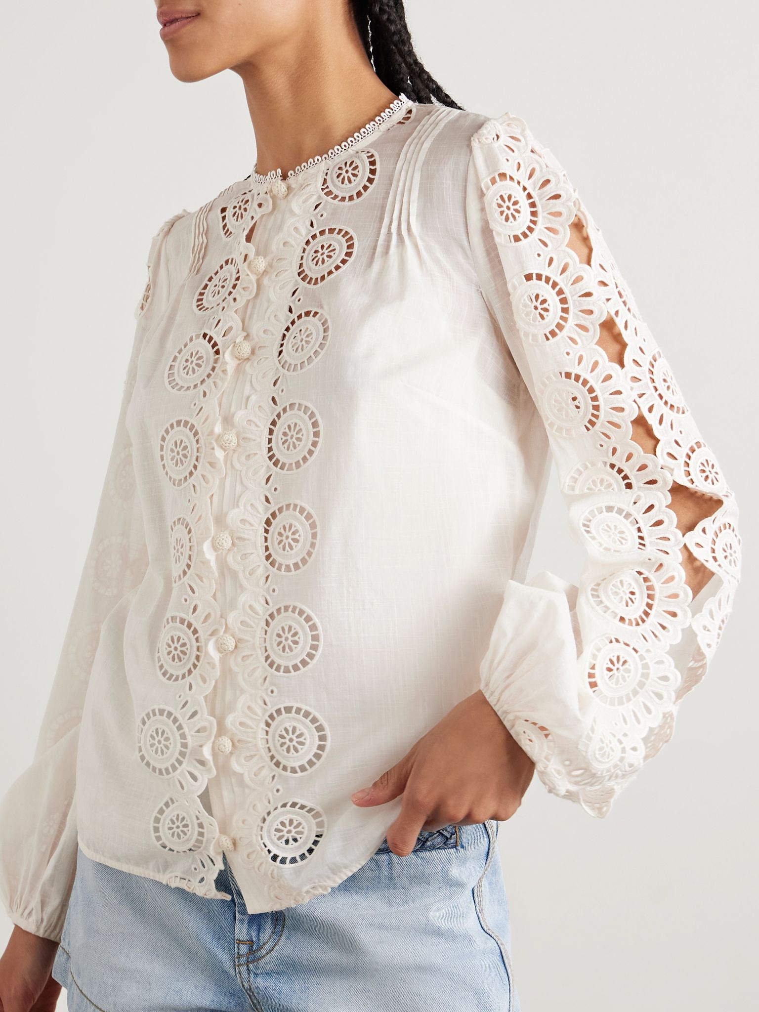 Lucky pintucked broderie anglaise cotton-voile top Cream - 3
