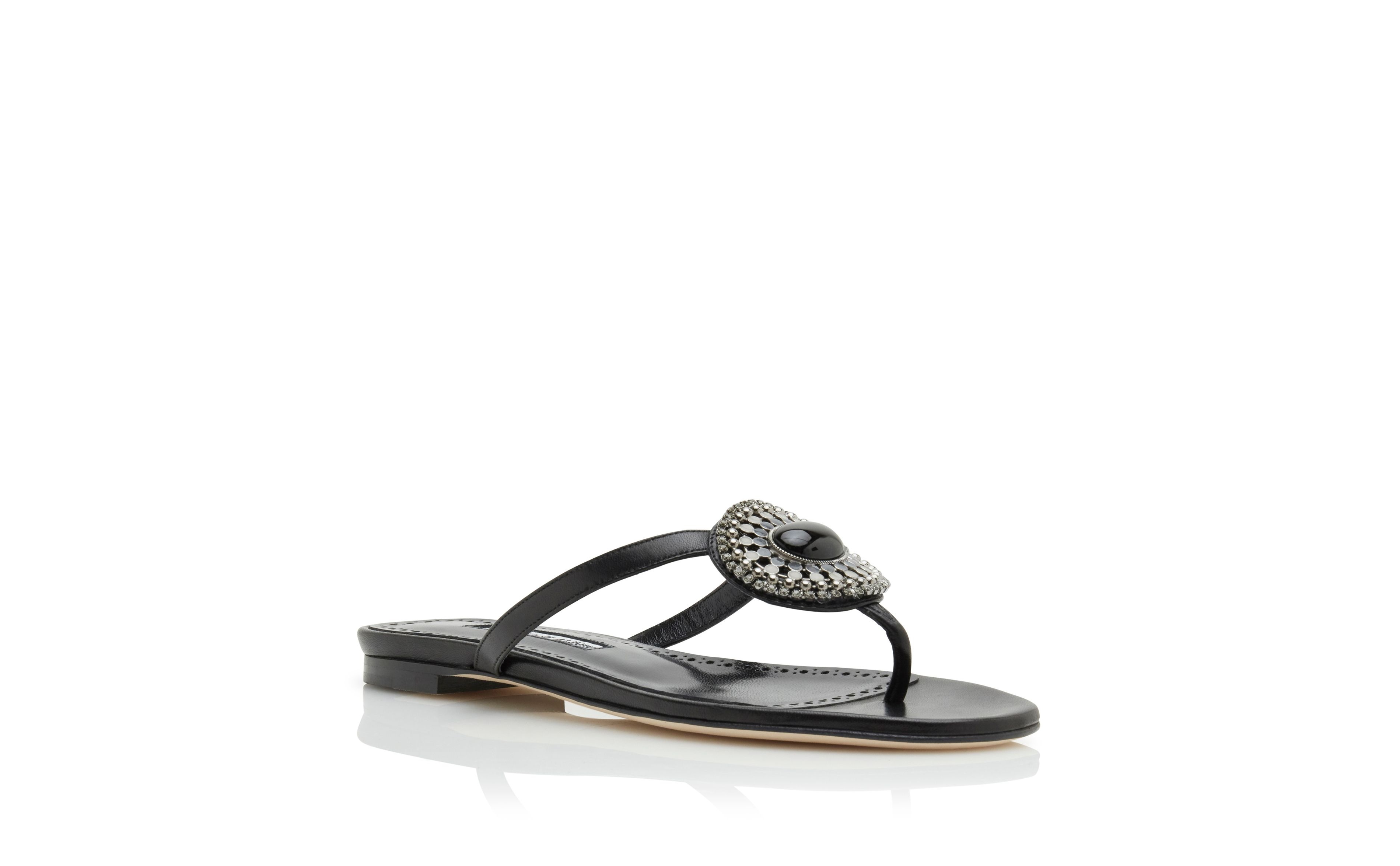 Black Nappa Leather Jewel Flat Sandals - 3