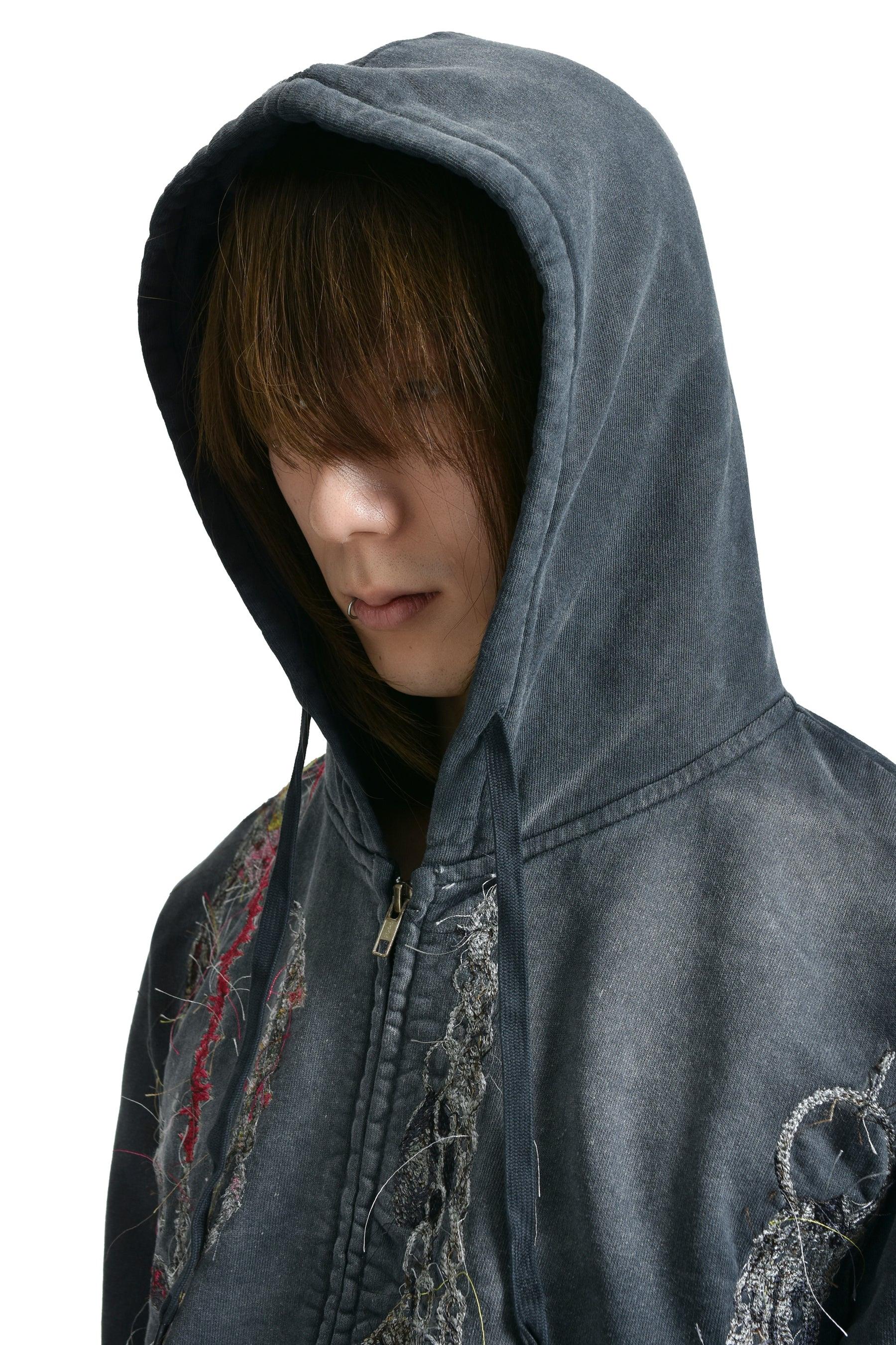 EMBROIDERED CHAIN ZIP-UP HOODIE / GRY - 4