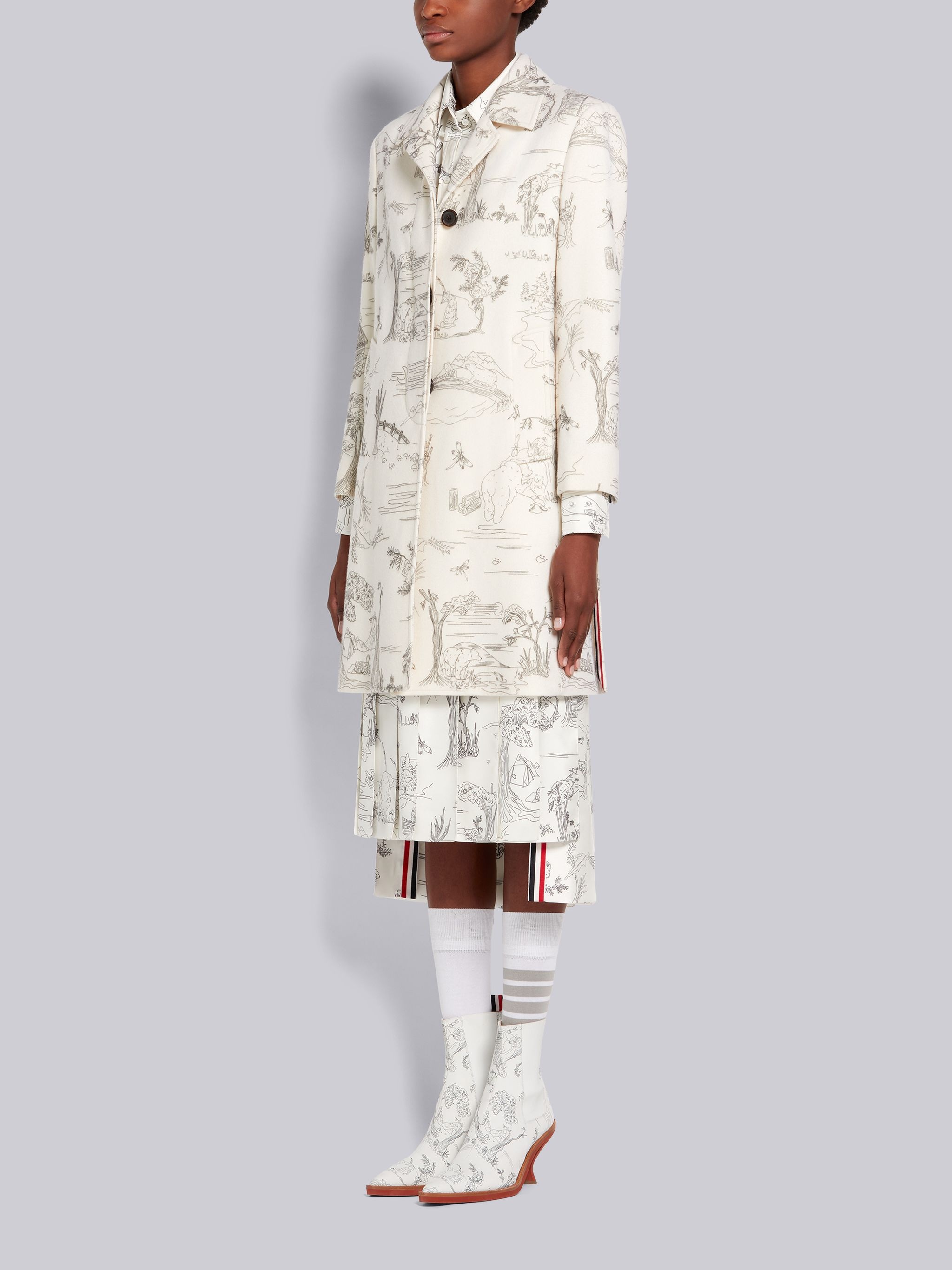 White Animal Camp Toile Printed Cashmere Unconstructed Narrow Shoulder Bal Collar Overcoat - 2