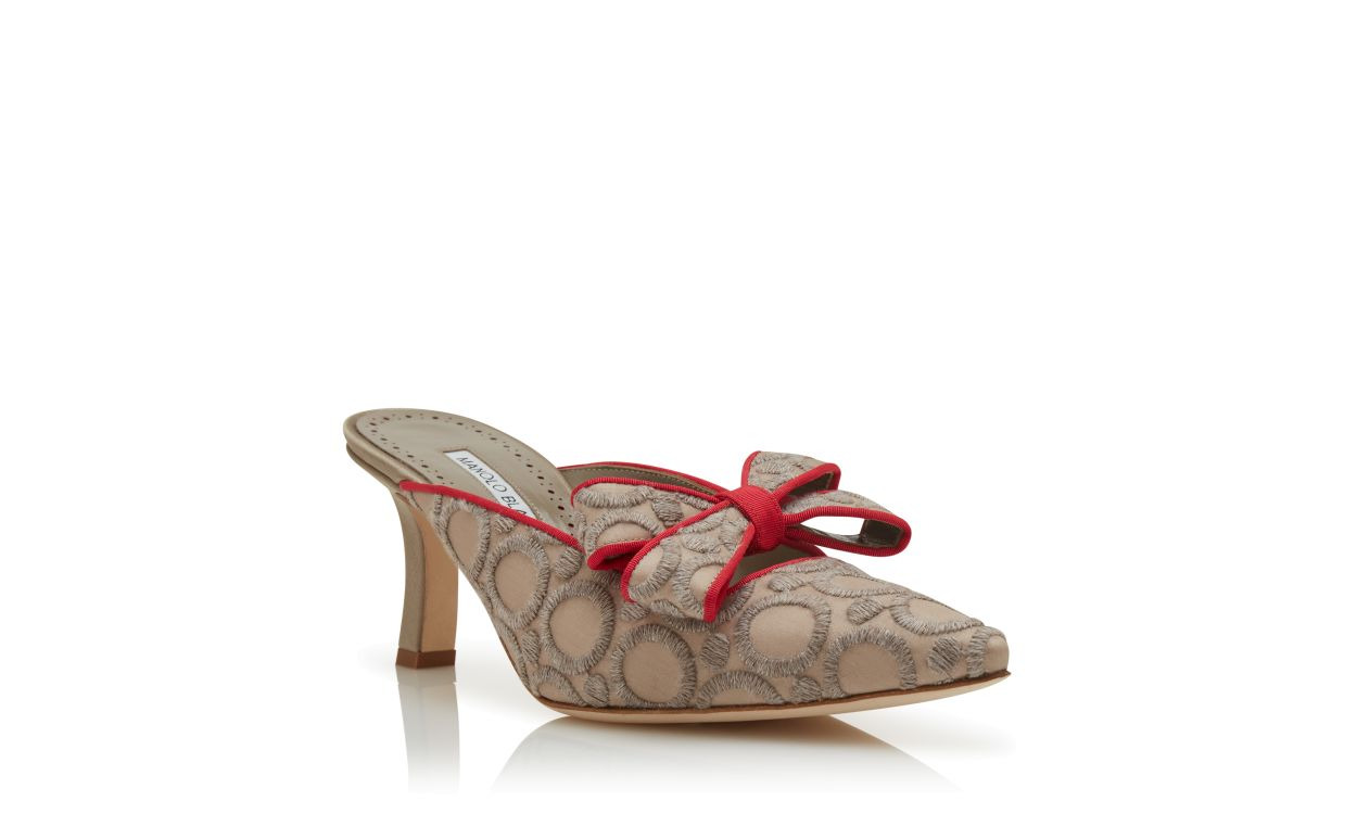 Grey and Red Silk Pointed Toe Mules - 3