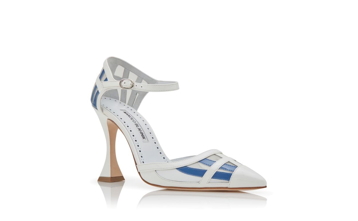 White and Blue Patent Leather Ankle Strap Pumps - 3