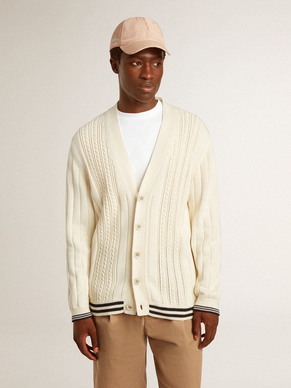 Men's white cotton cardigan with a cable pattern and blue ribbing - 2