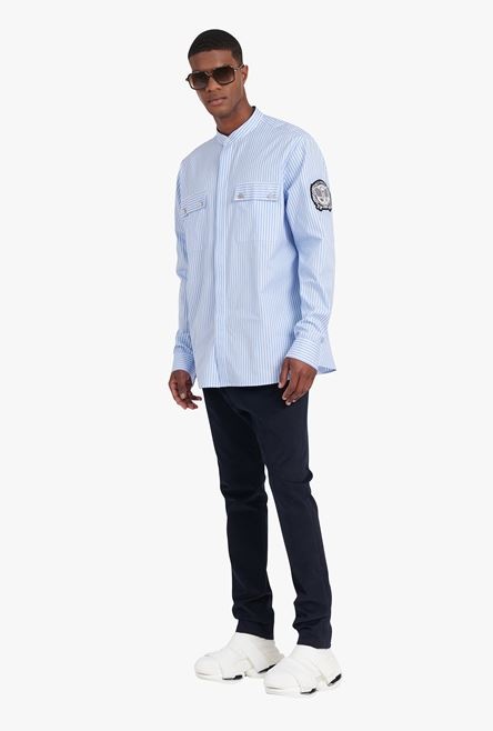 Striped pale blue cotton shirt with embroidered Balmain badge - 2