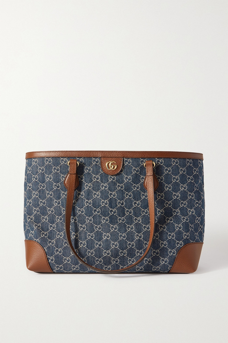 Ophidia glossed leather-trimmed denim-jacquard tote - 1
