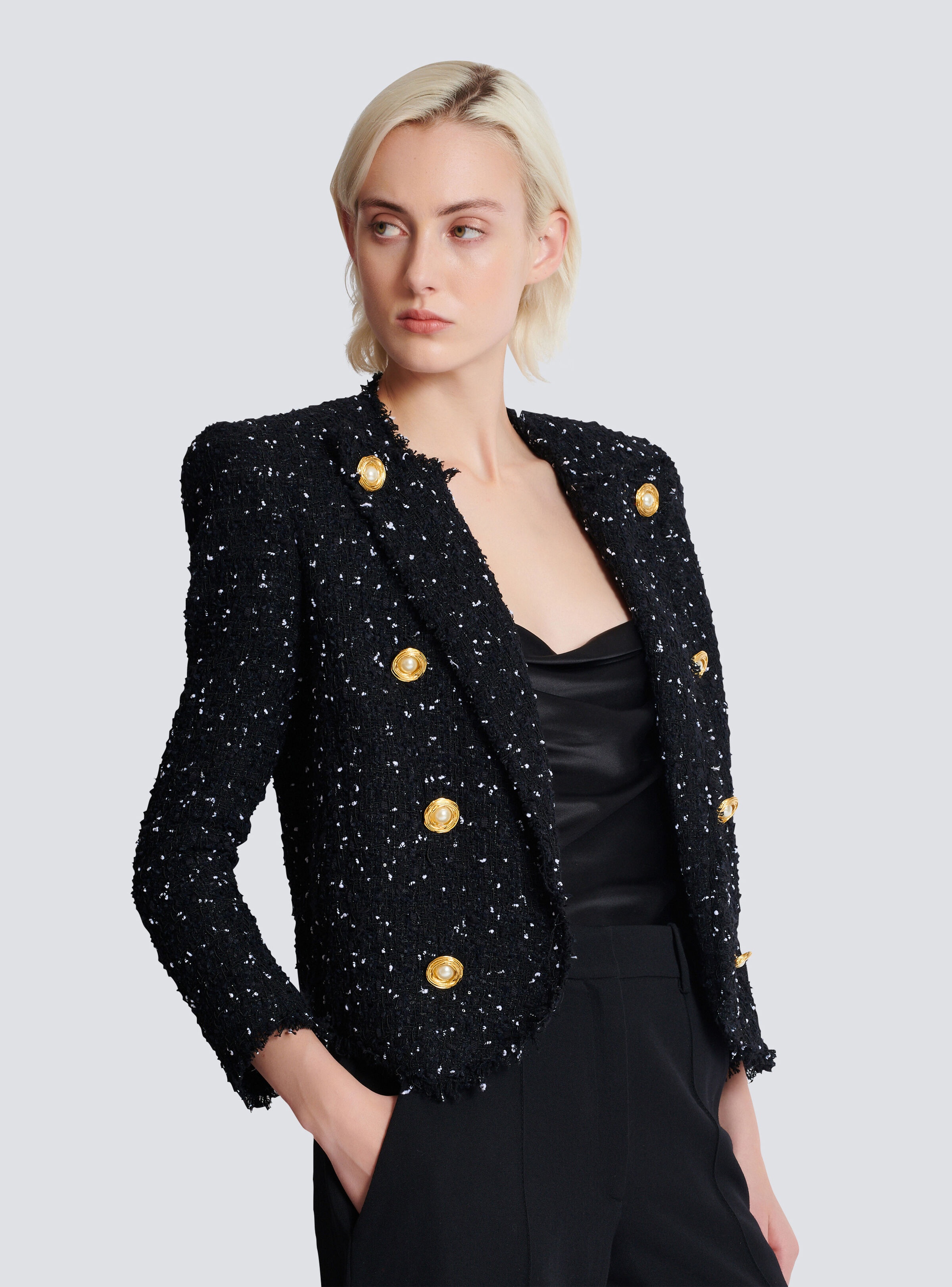 Cropped 8-button jacket in polka-dot tweed - 7