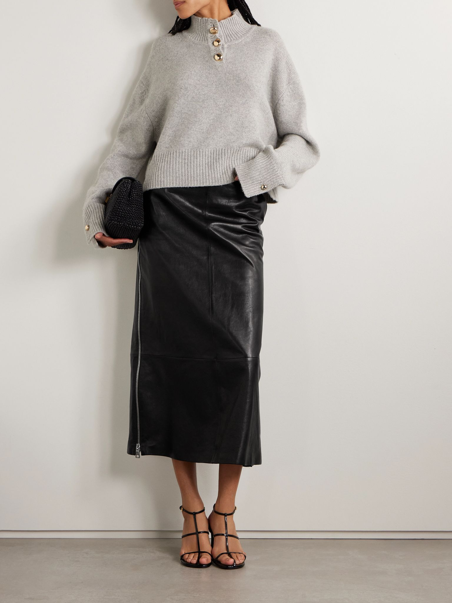 The Avery paneled leather midi skirt Black - 2
