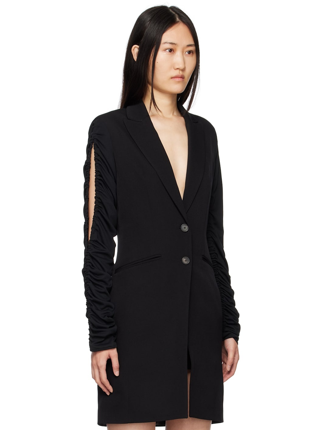 Black Ruched Sleeve Coat - 2