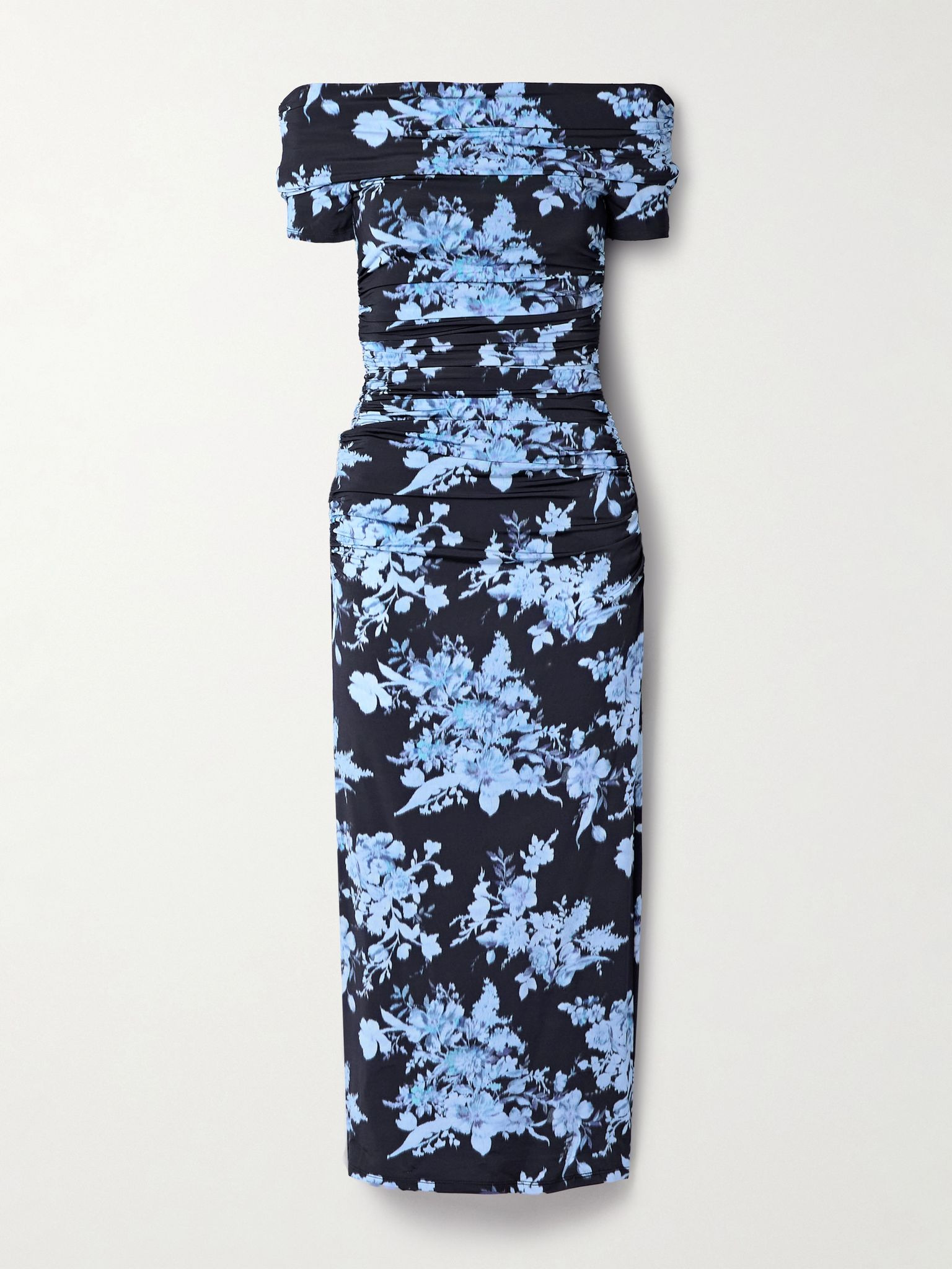 Off-the-shoulder ruched floral-print stretch-jersey midi dress Navy - 1