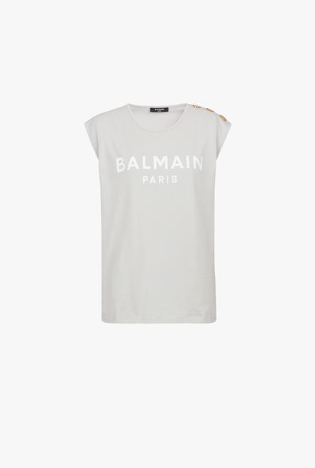 Light gray eco-designed cotton T-shirt with white Balmain logo print - 1