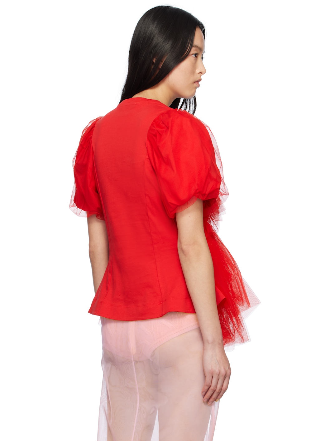 Red Tulle Overlay Puff Sleeve Tutu Hem T-shirt - 3