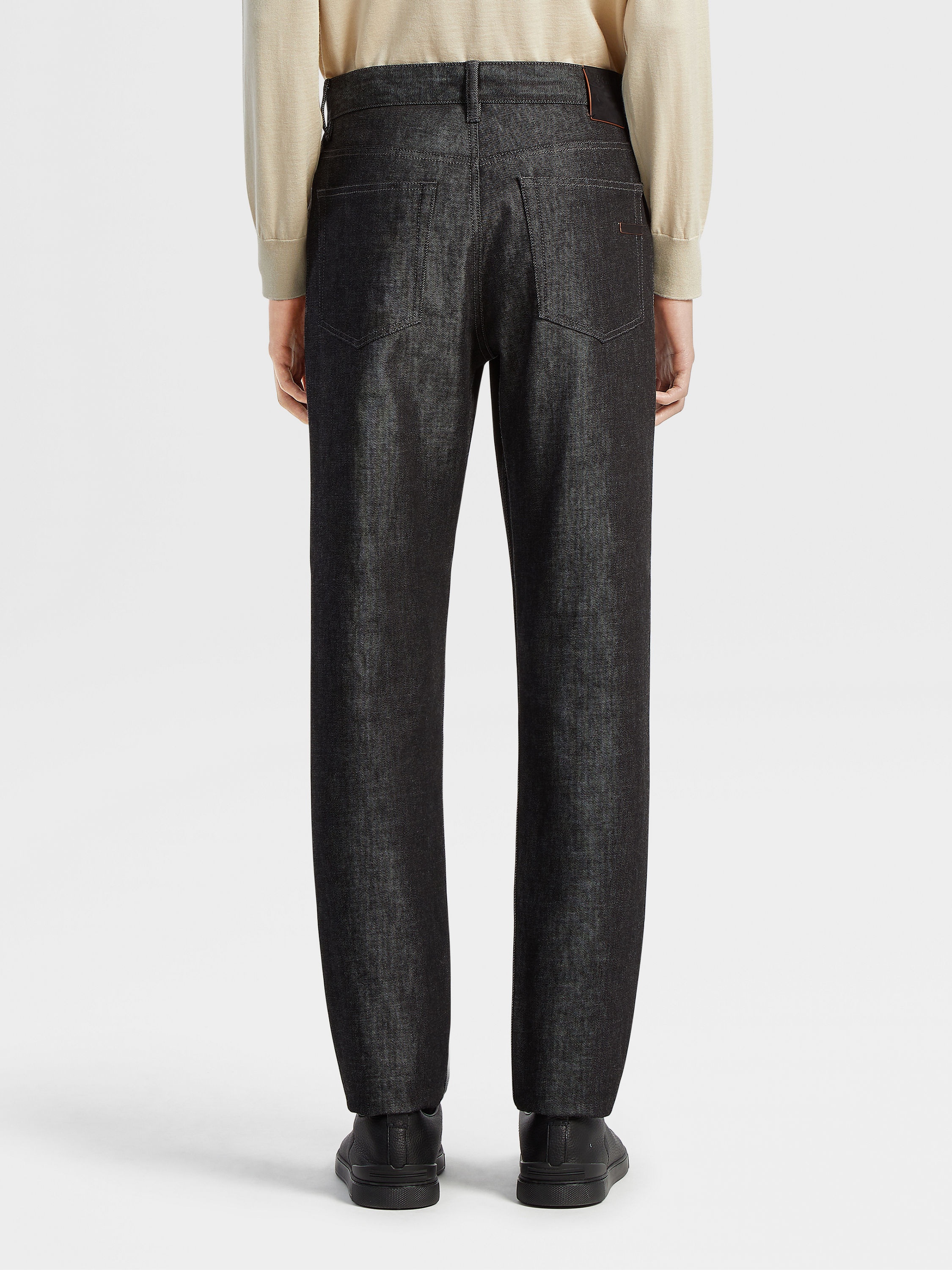 BLACK RINSE-WASHED COTTON AND CASHMERE ROCCIA JEANS - 3