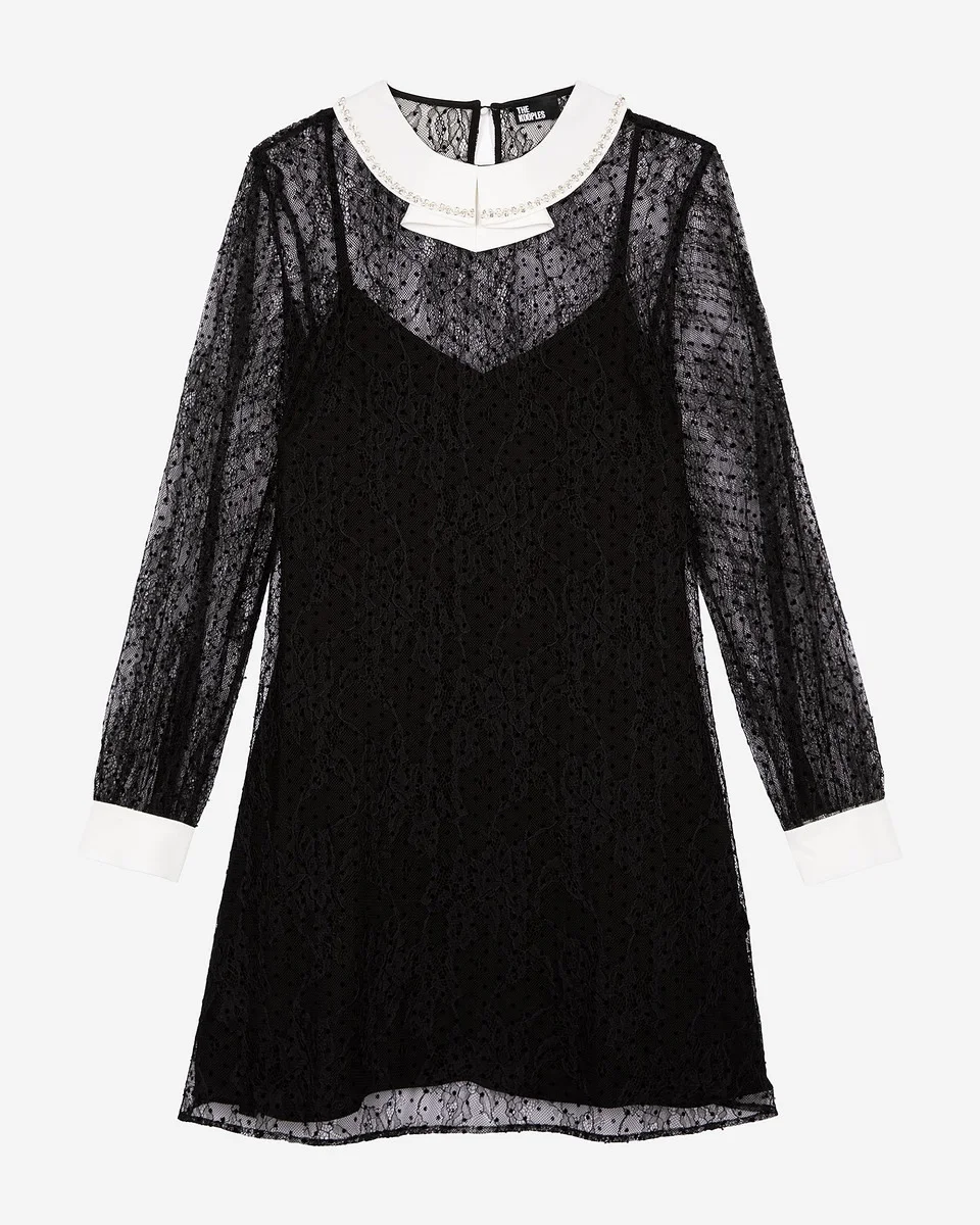 SHORT DRESS IN BLACK PLUMETIS LACE AND RHINESTONES - 1