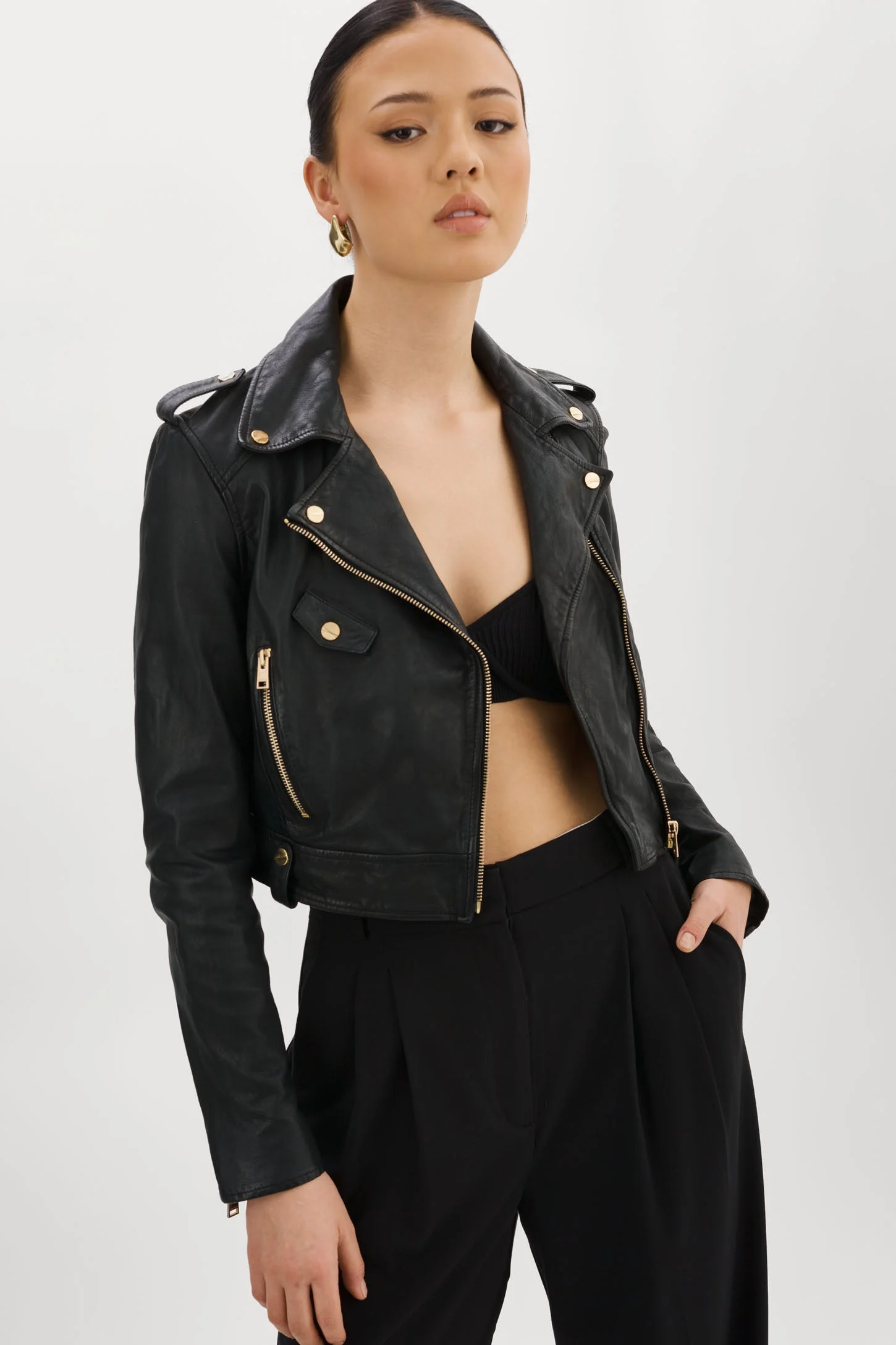 CIARA GOLD | Cropped Leather Biker Jacket - 1