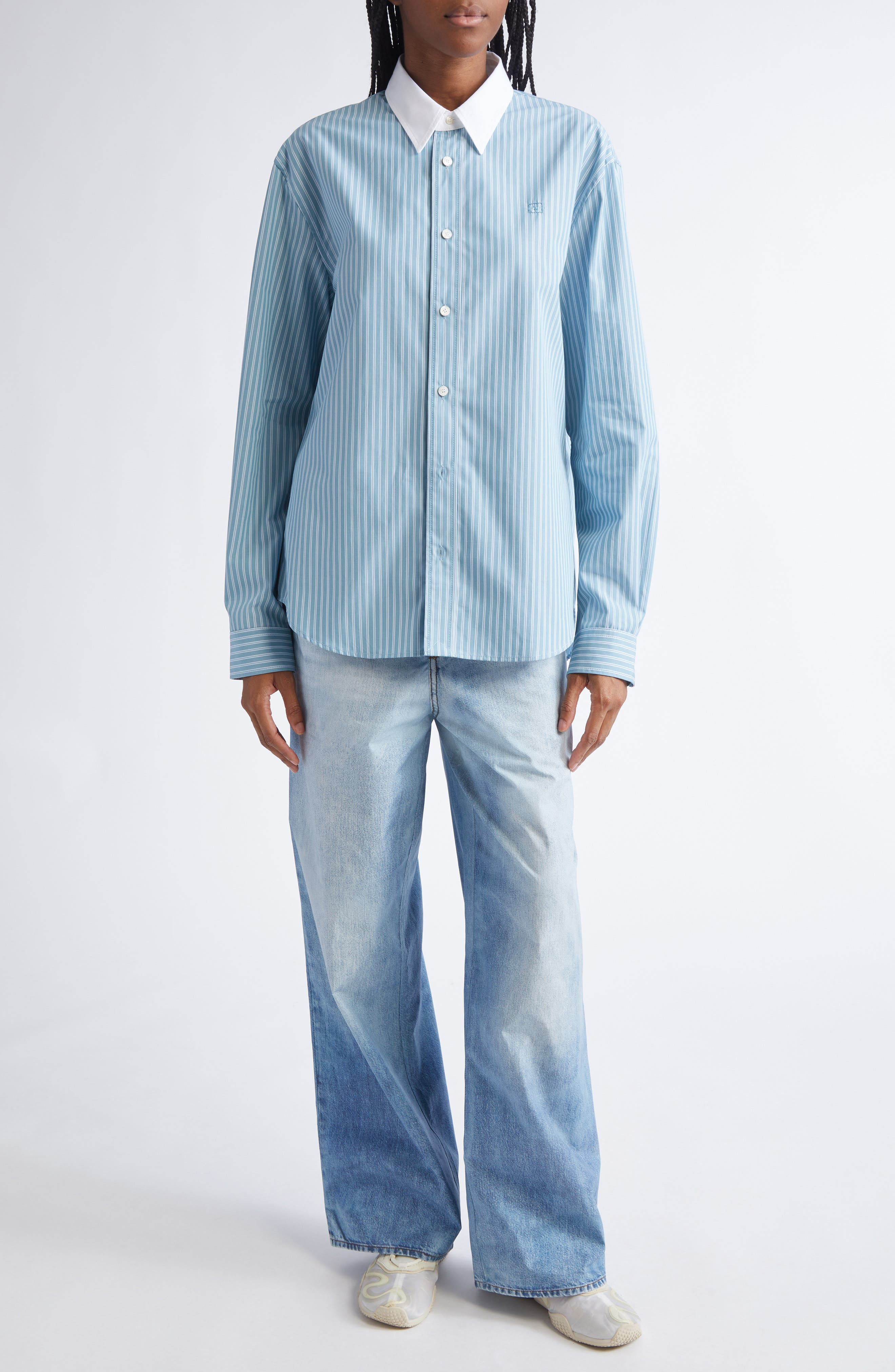 Acne Studios Boxer Waistband Denim Trompe l'Oeil Wide Leg Poplin Pants in Light Blue at Nordstrom - 2