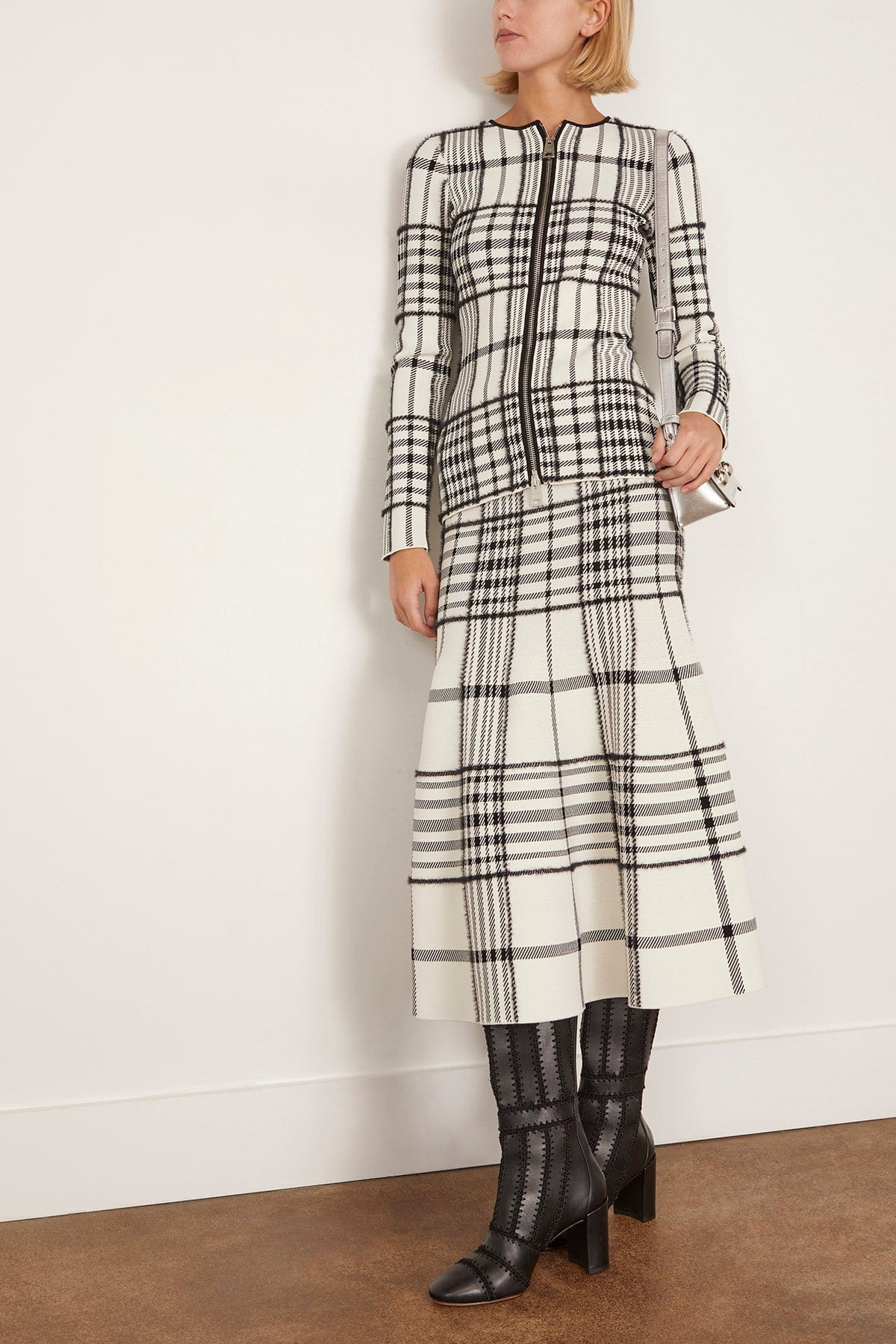 The Greer Zip Front Knit Cardigan in Ivory Plaid - 2