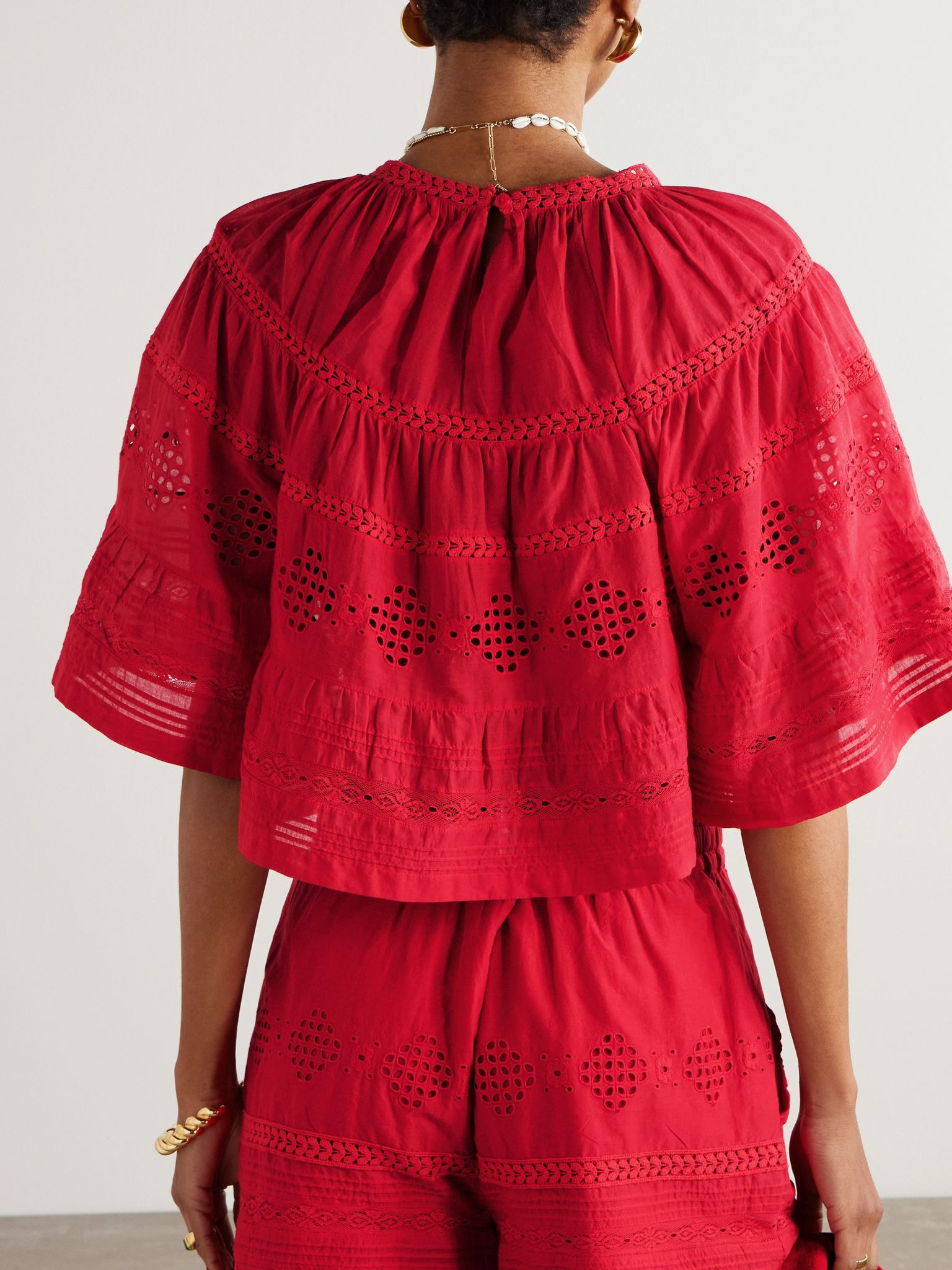 Dilama crochet-trimmed broderie anglaise organic cotton-voile blouse Red - 3