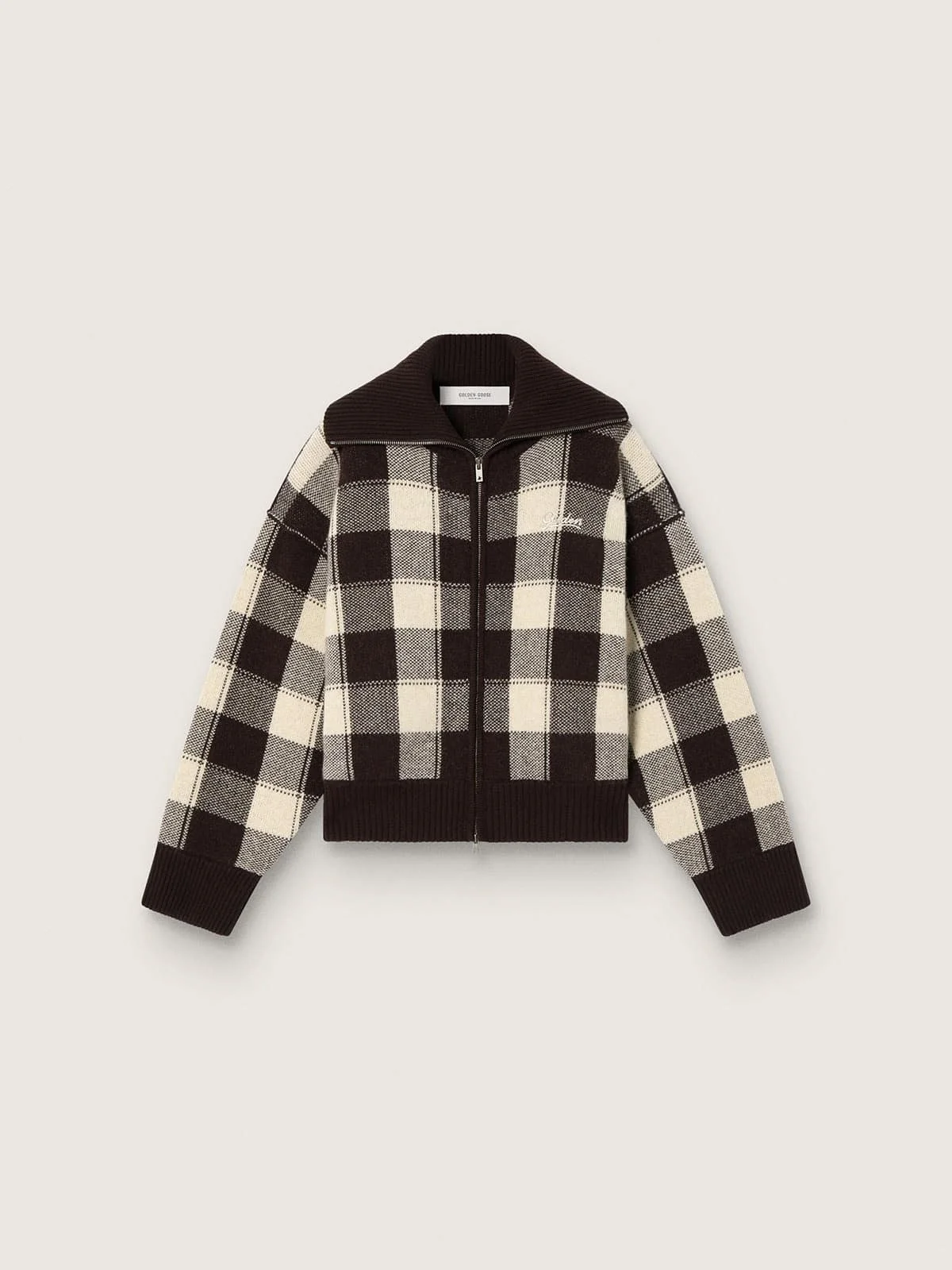 Women's bomber jacket in dark brown and cream check jacquard wool - 1