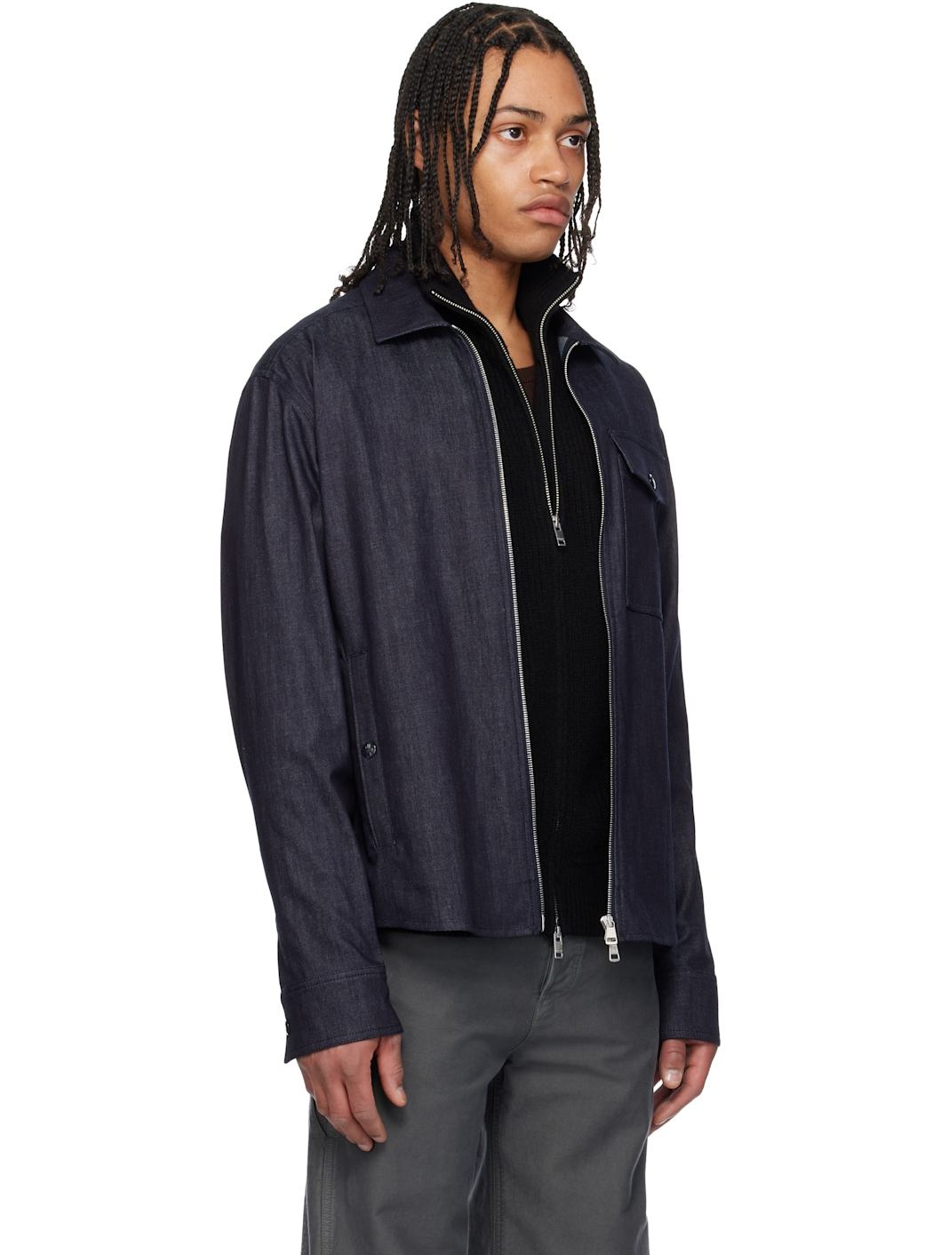 Blue Long Sleeve Zip-Up Denim Jacket - 2