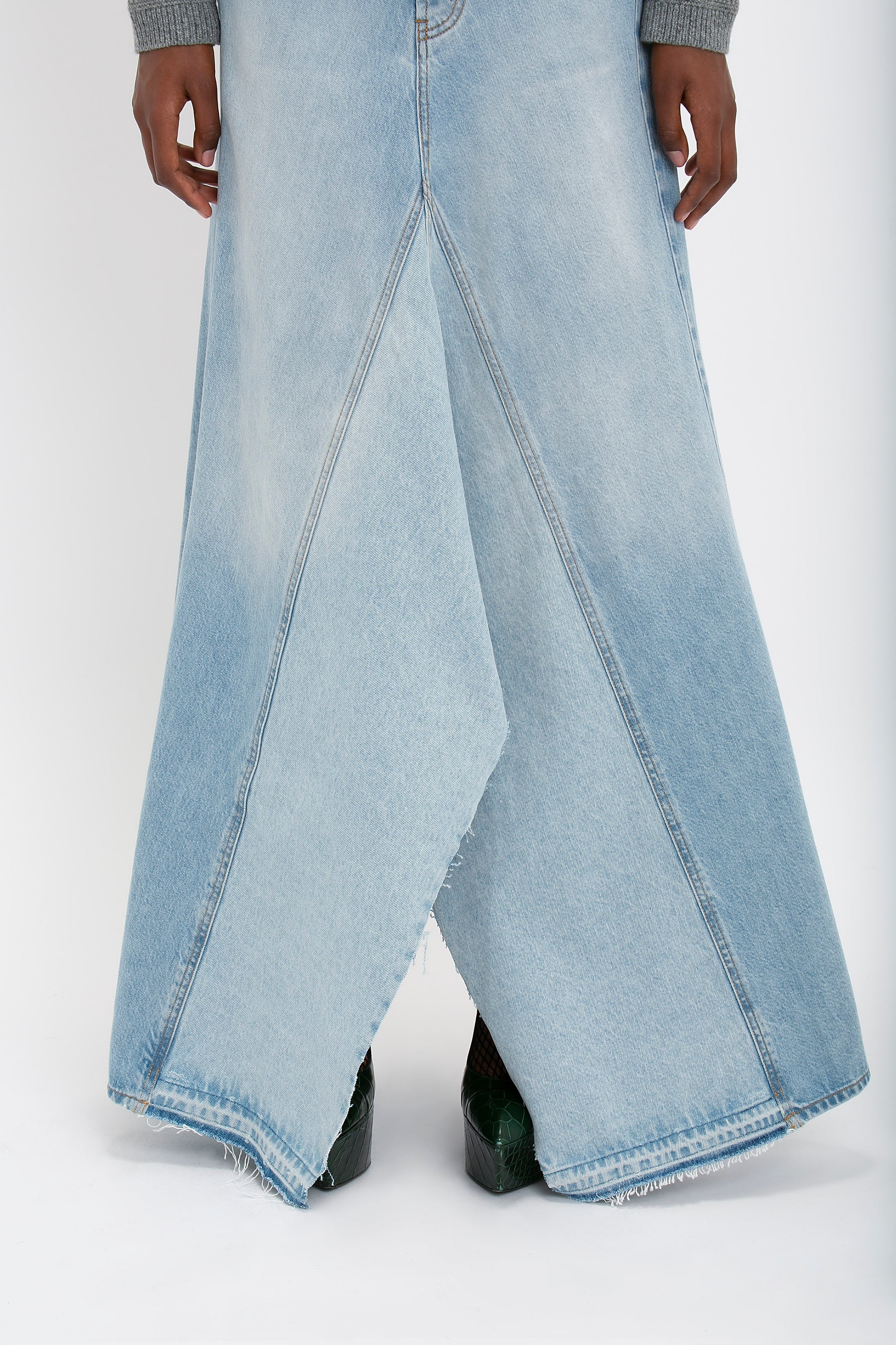 Maxi Godet Denim Skirt In Light Blue Wash - 6