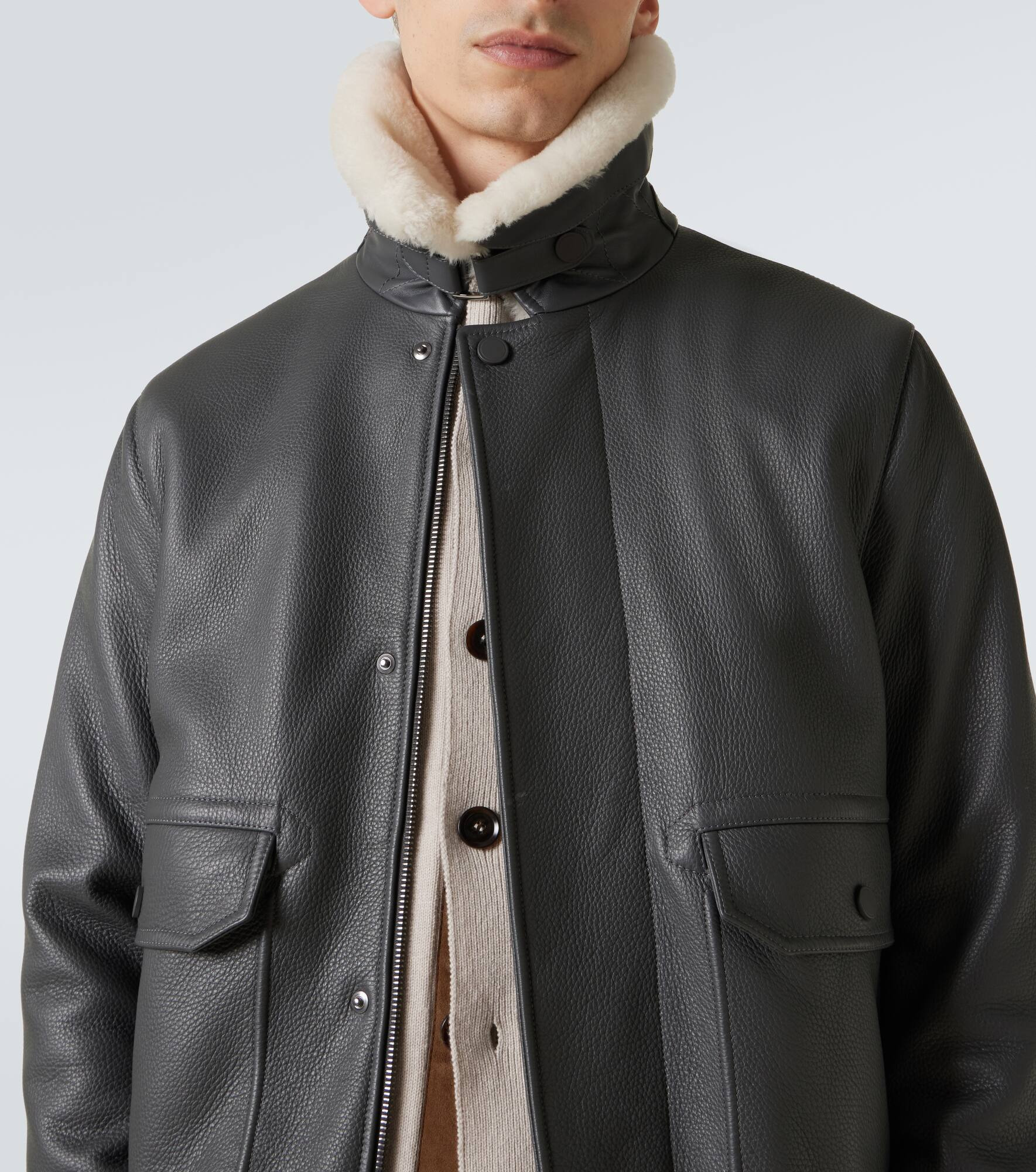 Shearling-trimmed leather bomber jacket - 5