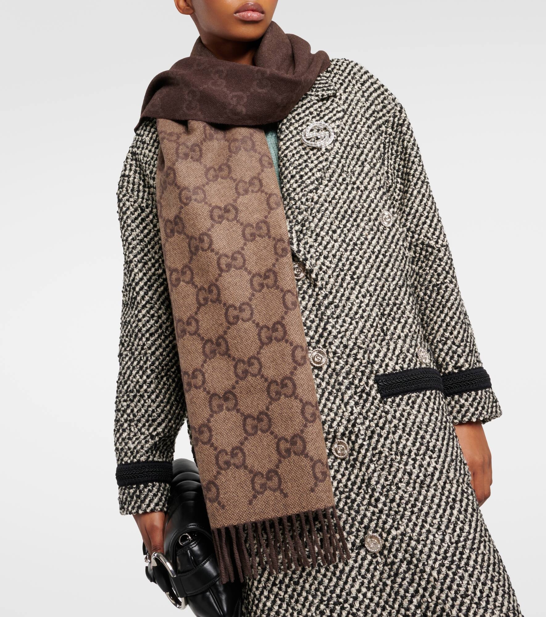 GG jacquard fringed cashmere scarf - 2
