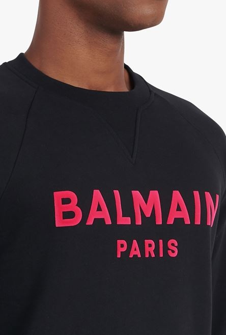 Black cotton sweatshirt with flocked fuchsia Balmain logo - 8