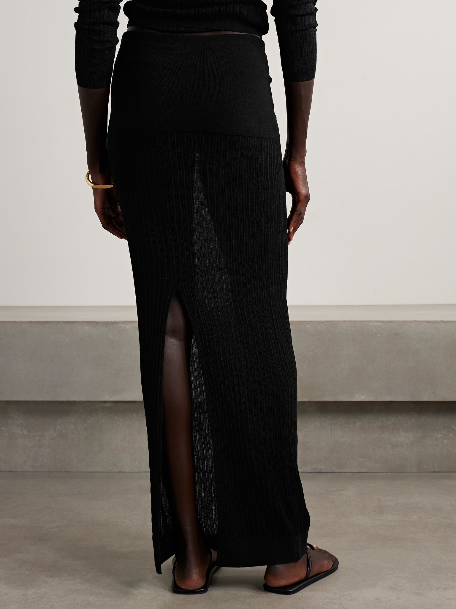 Sheer Knit Foldover Long Skirt - Onyx Black - 3