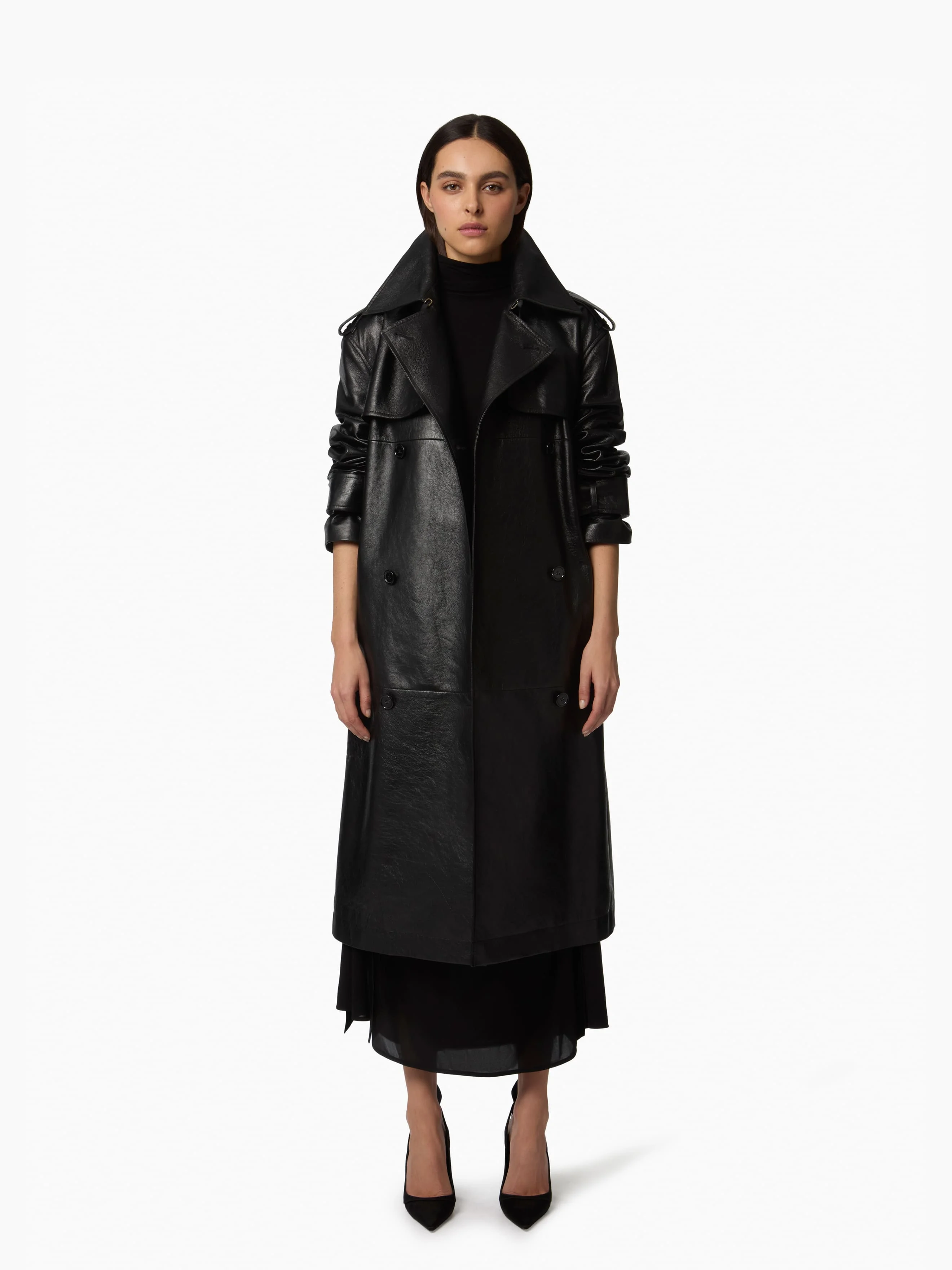 Belted Crinkled Leather Trench - 1