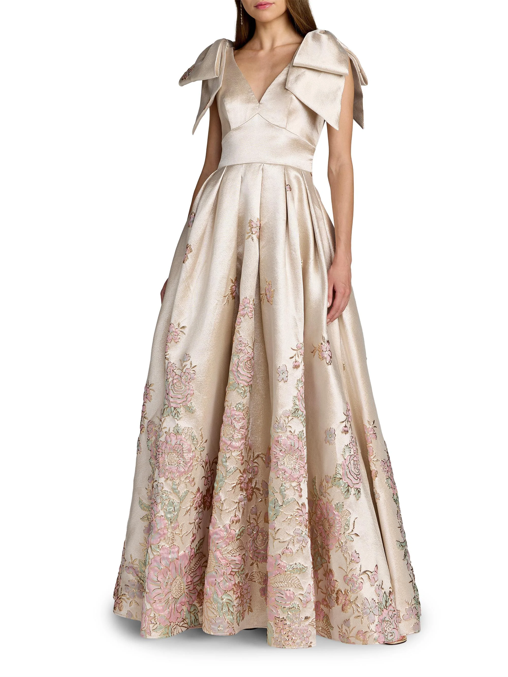 Women's Floral Brocade Bow V-Neck Gown - Champagne Multi - 1