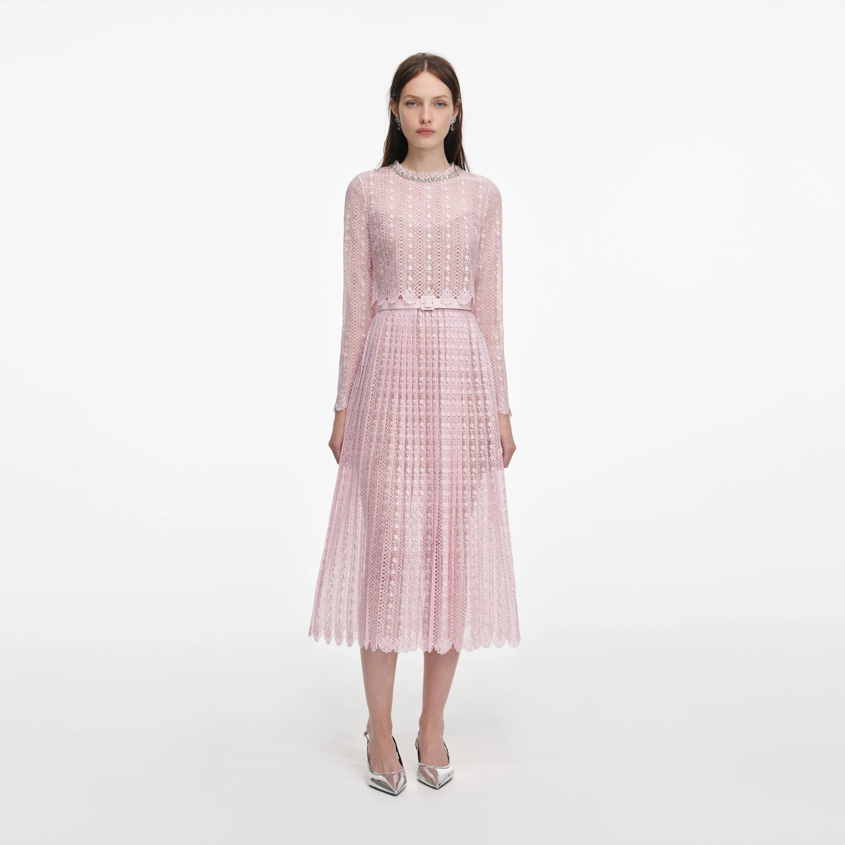 Pink Organza Lace Midi Dress - 1