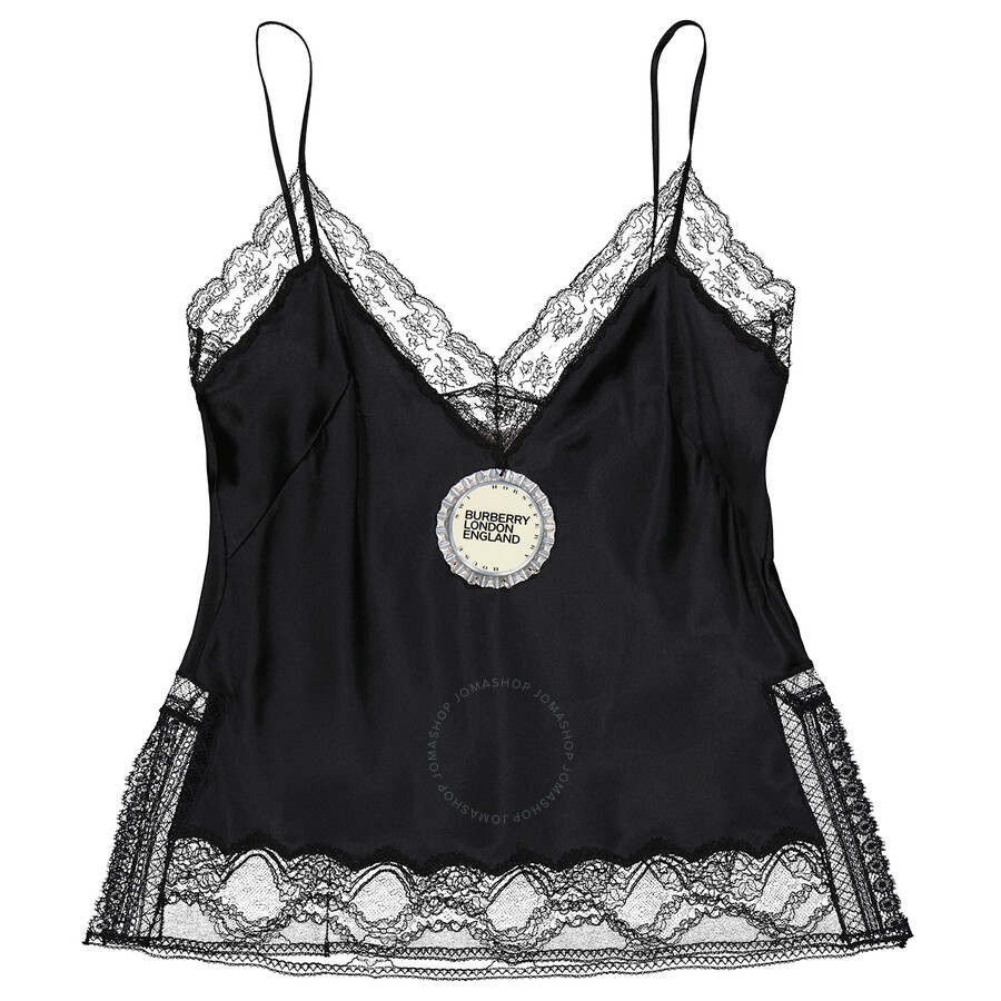 Open Box - Burberry Black Satin And Lace Camisole With Bottle Cap Detail, Brand Size 2 (US Size 0) - 1