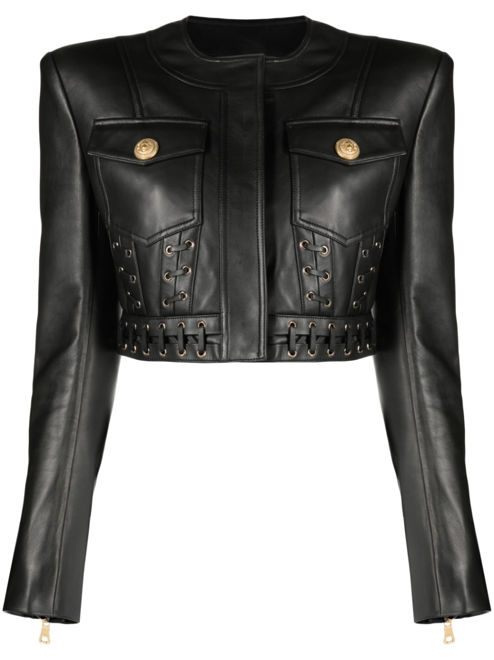 eyelet-embellished cropped leather jacket - 1