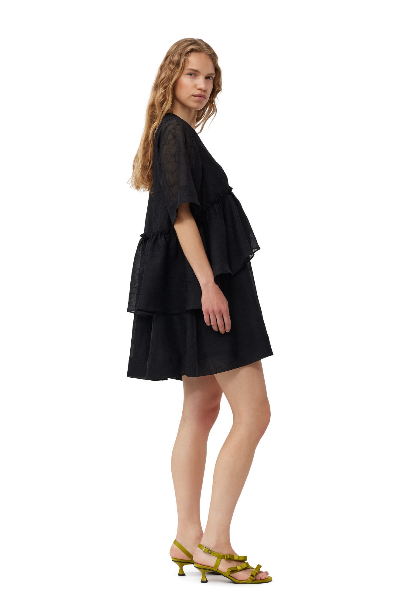 BLACK CRINKLED GEORGETTE FLOUNCE MINI DRESS - 5