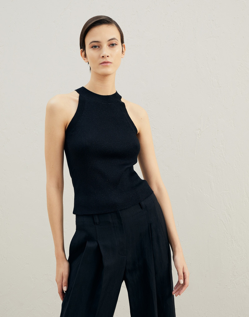 Sparkling cashmere and silk lightweight rib knit top 1